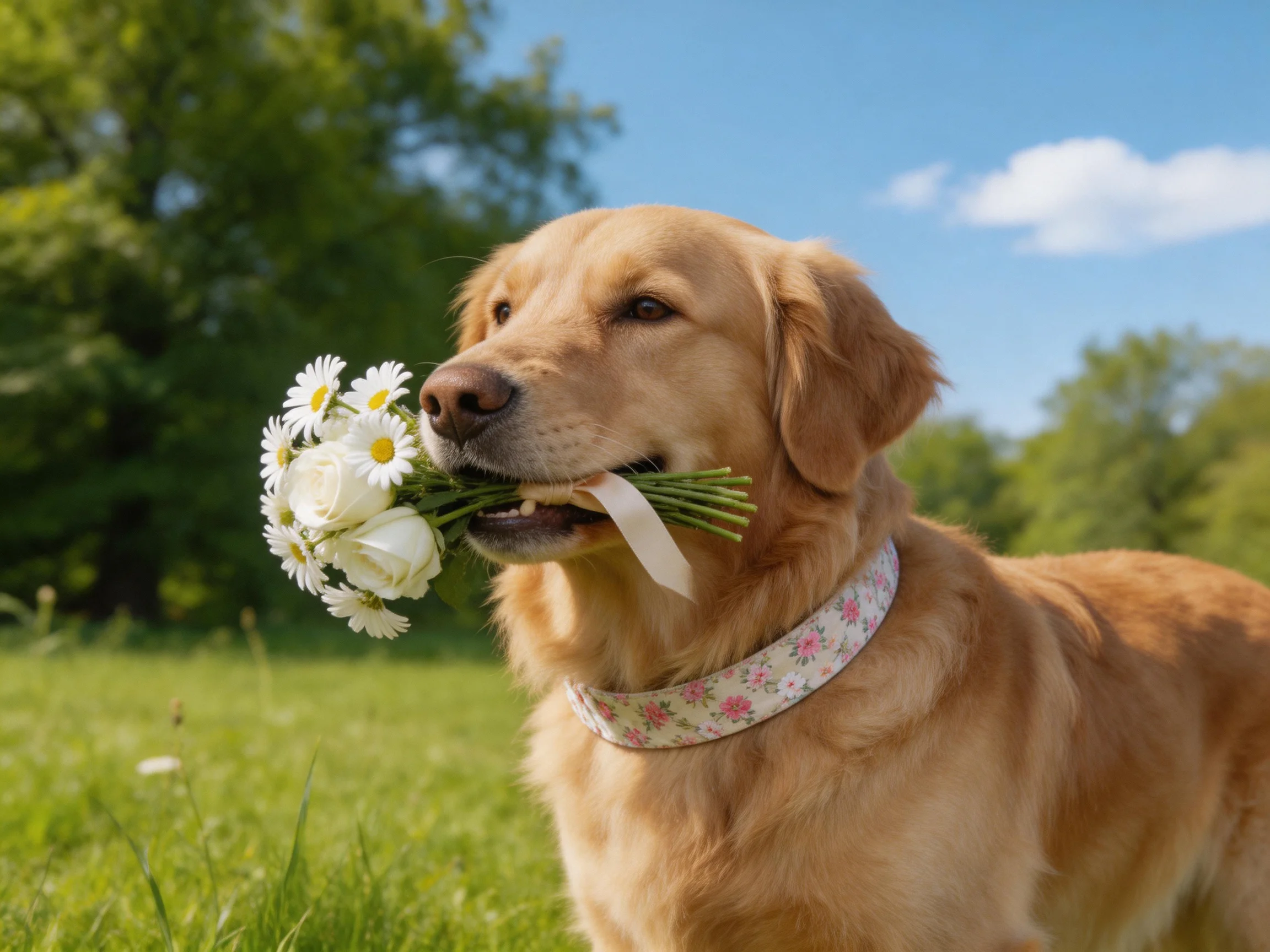A golden retriever carries a bouquet of white flowers in a sunny outdoor setting.