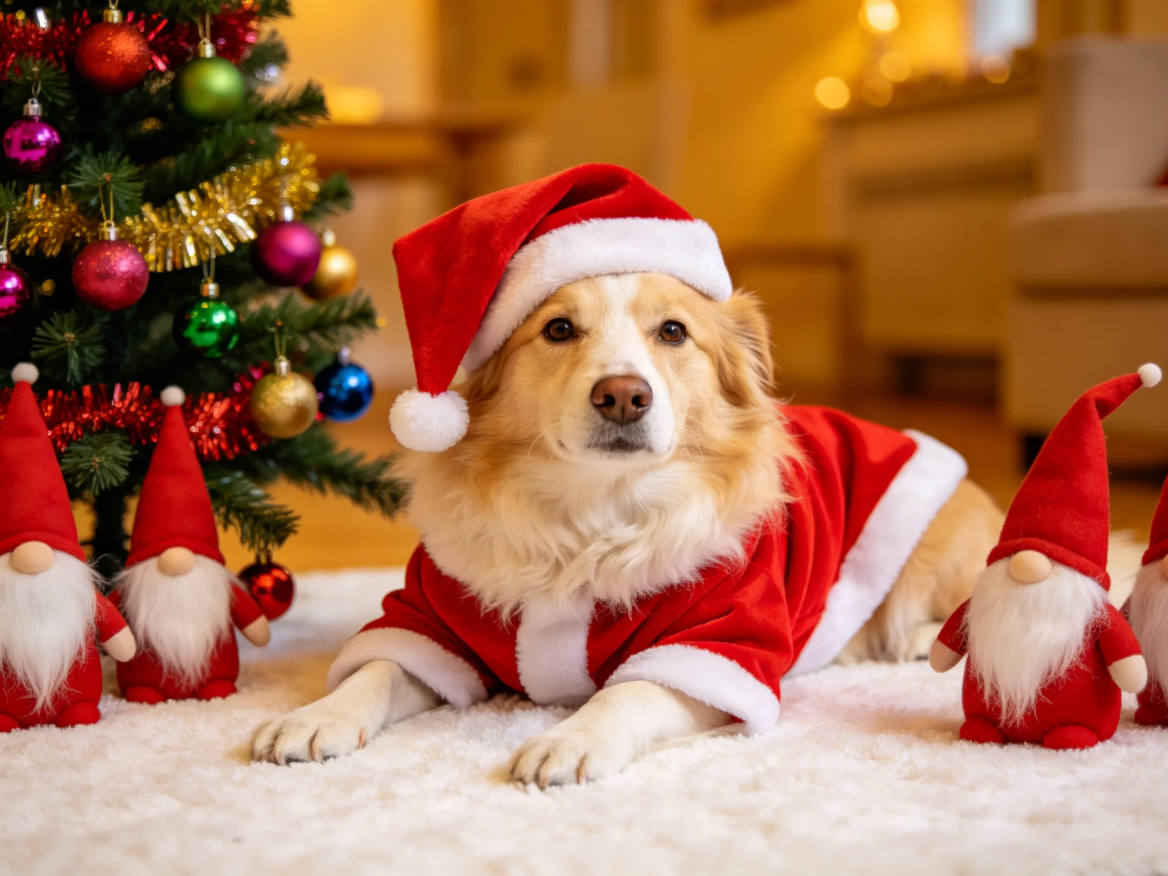 A golden retriever in Santa costume near a decorated Christmas tree with gnome figurines