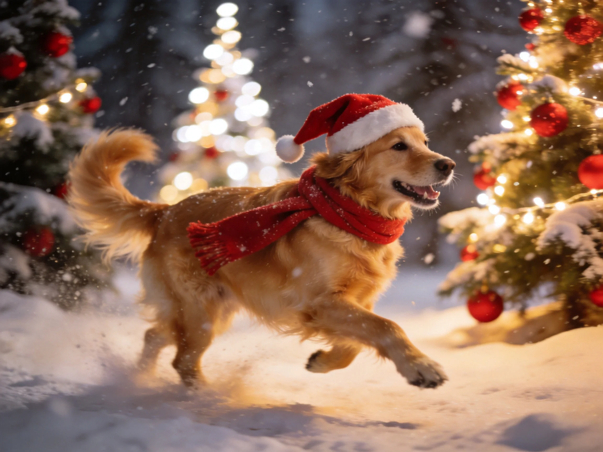 A golden retriever in Santa gear runs through snow near decorated trees