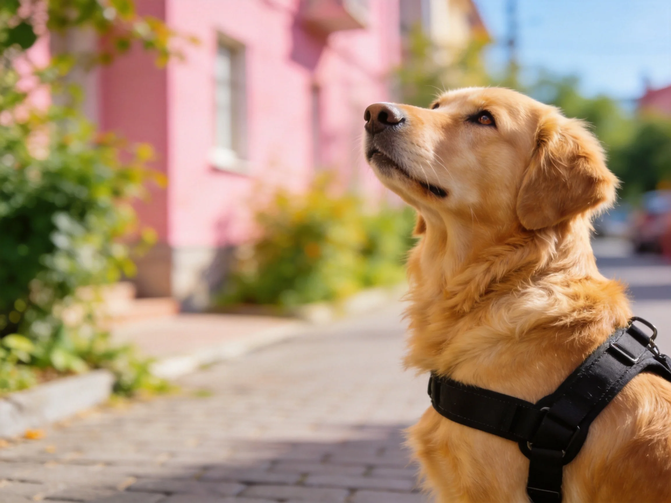 A golden retriever in a black harness near a pink building