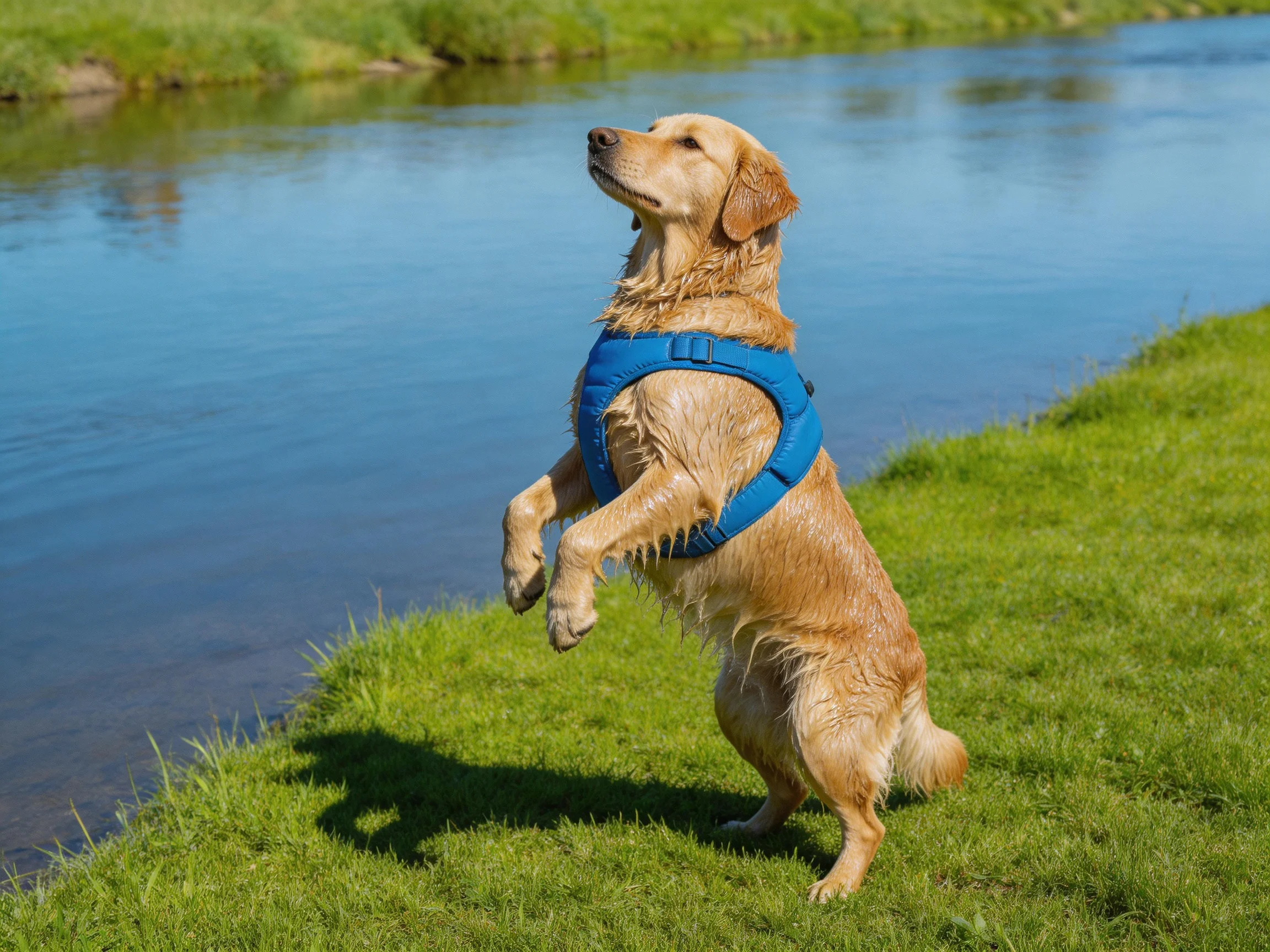 A golden retriever in a blue harness stands by a calm riverbank