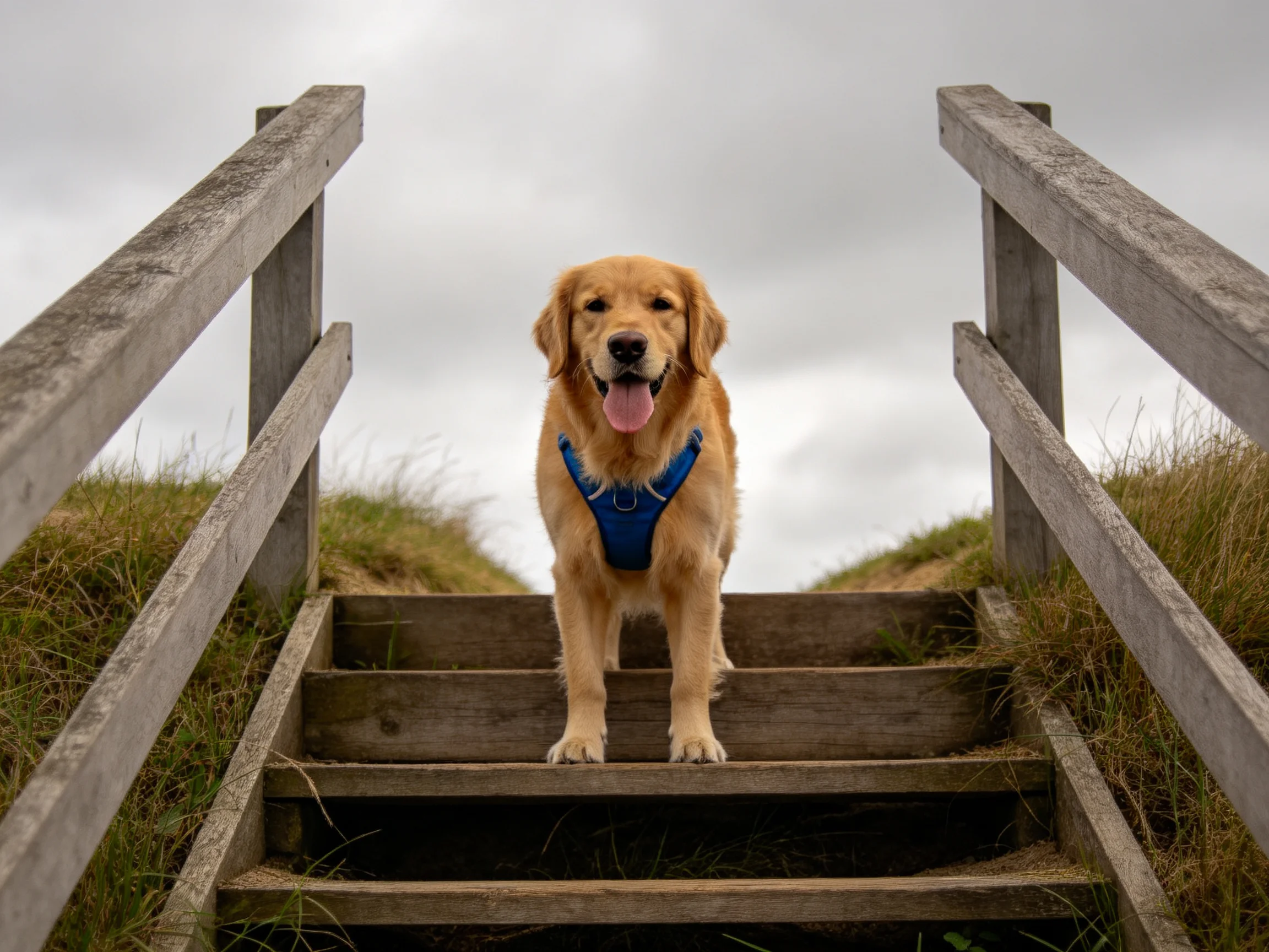 A golden retriever in a blue harness stands on weathered wooden stairs under an overcast sky