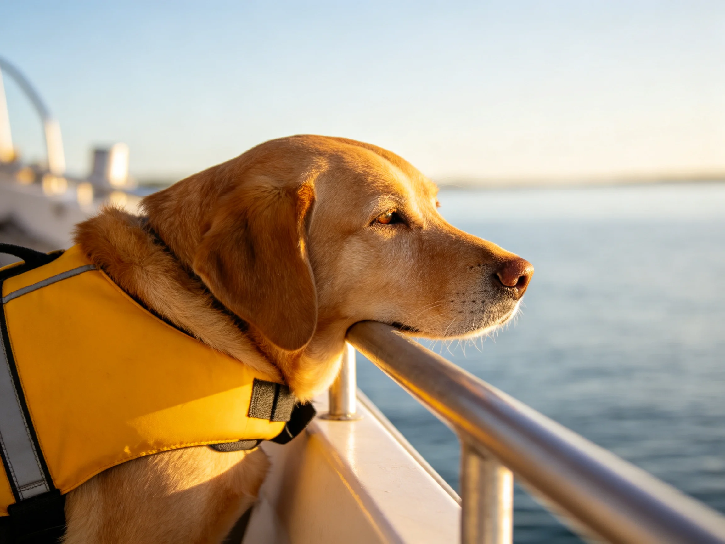 A golden retriever wearing a yellow life jacket looks out over water from a boat.