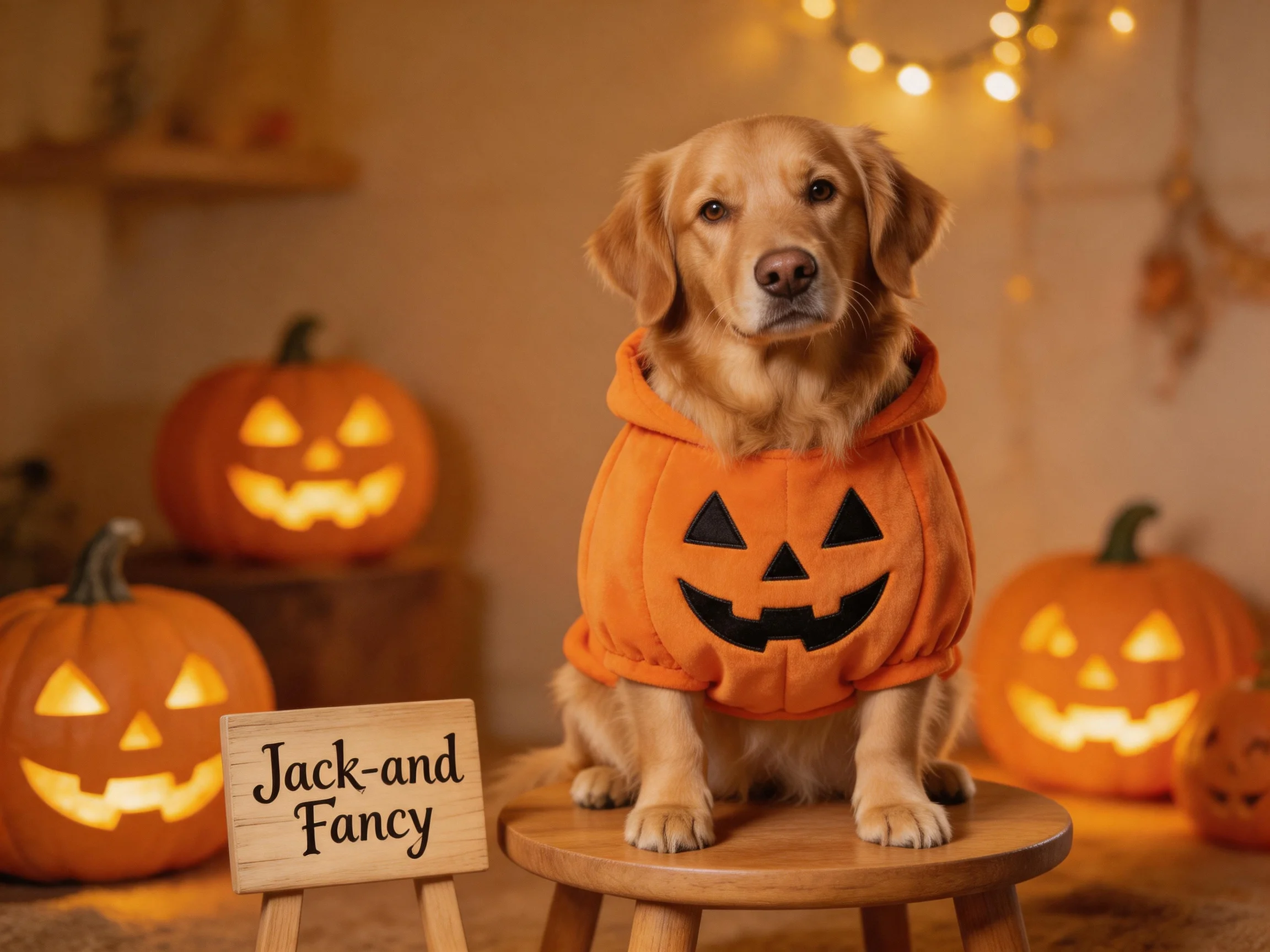 A golden retriever in a pumpkin hoodie sits among illuminated jack-o-lanterns.