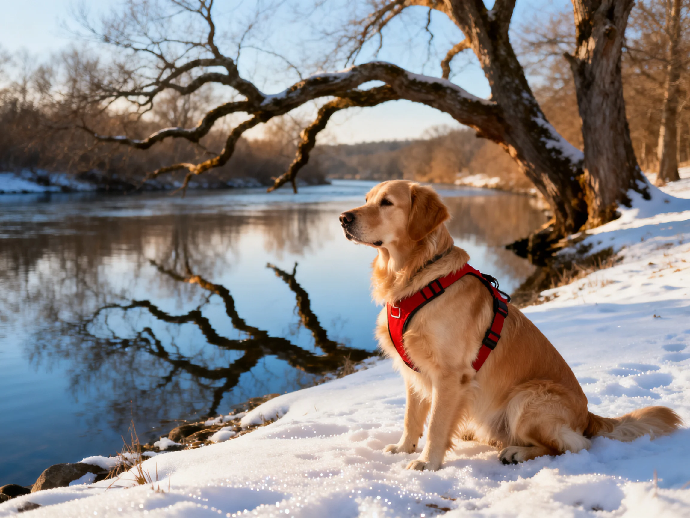A golden retriever in a red harness sits by a snow - covered riverside