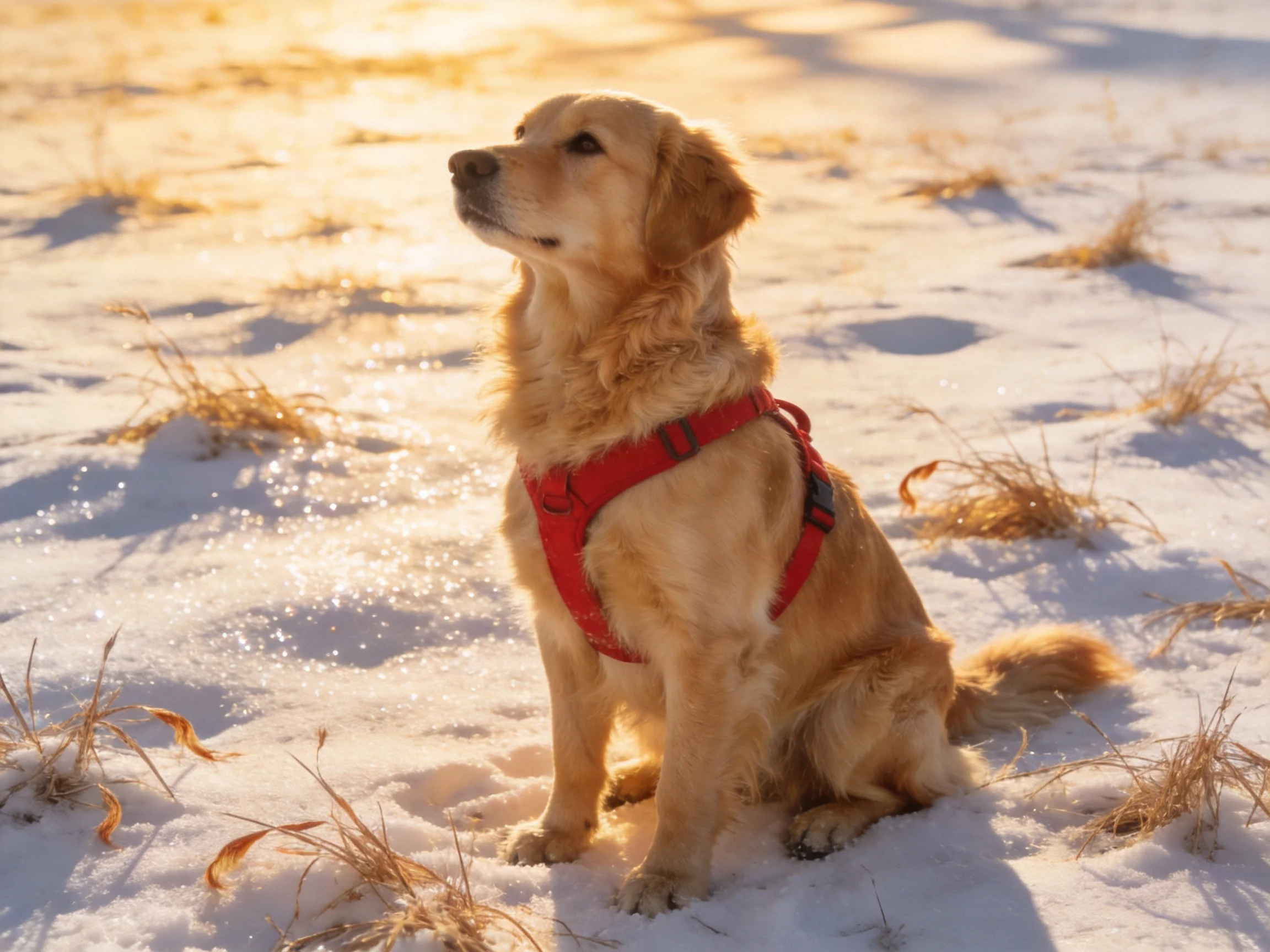 A golden retriever in a red harness sits on a snow - dusted field with dry grass