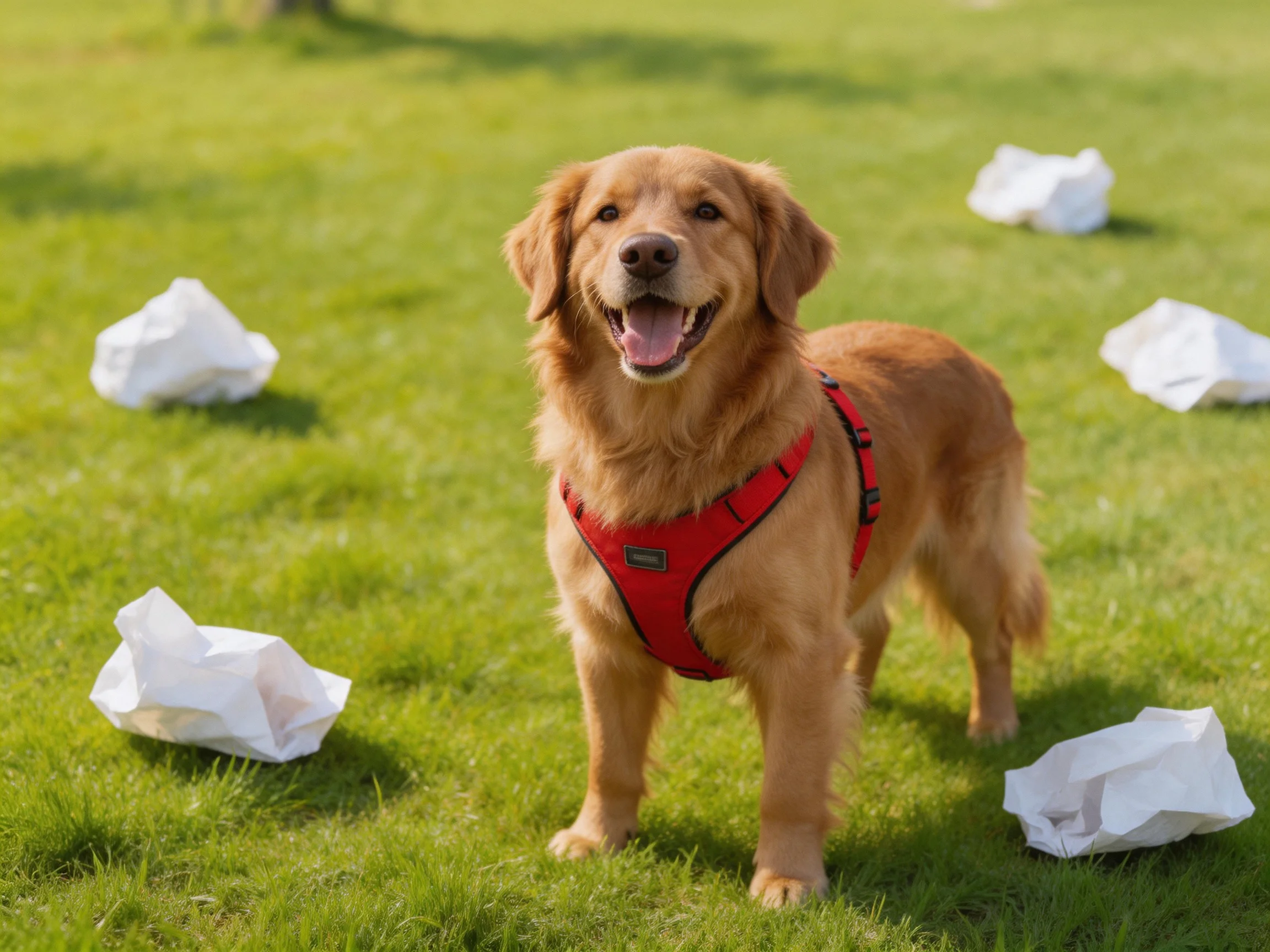 A golden retriever wearing a red harness is surrounded by crumpled white bags on grass.