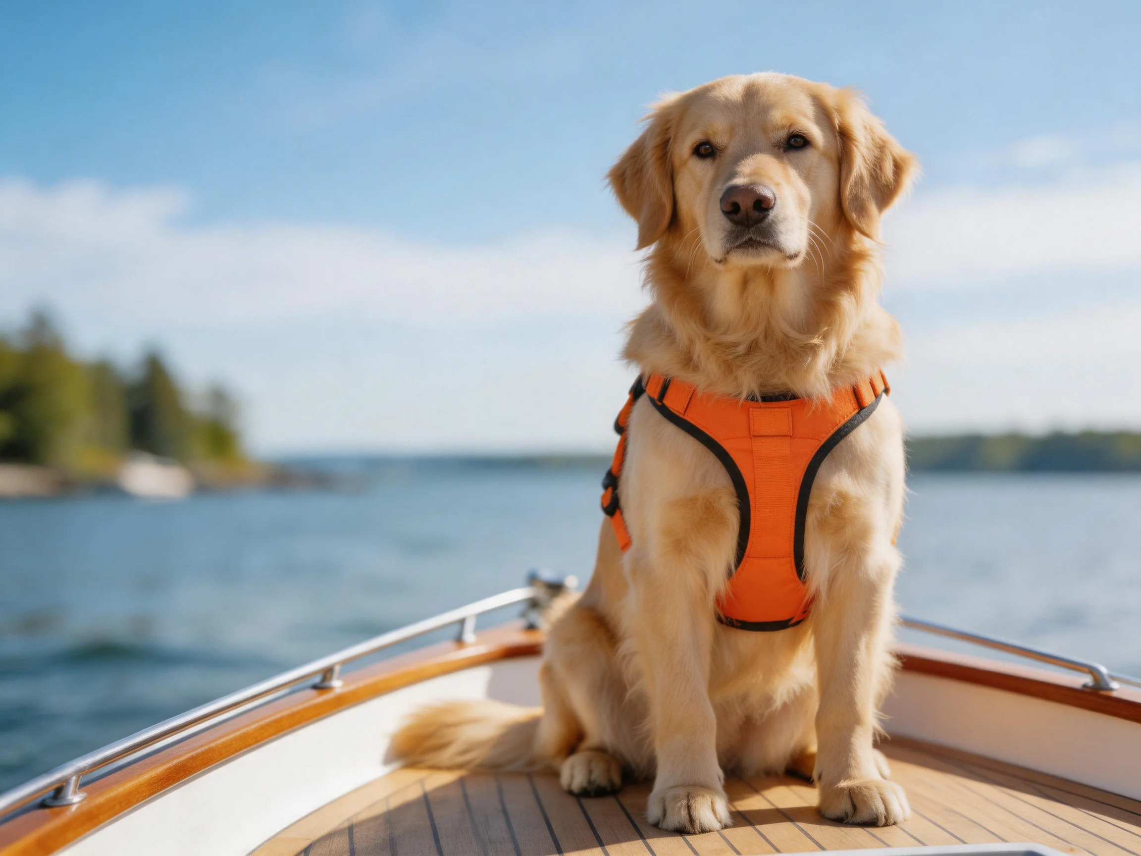 A golden retriever in an orange harness sits on a wooden boat by calm waters