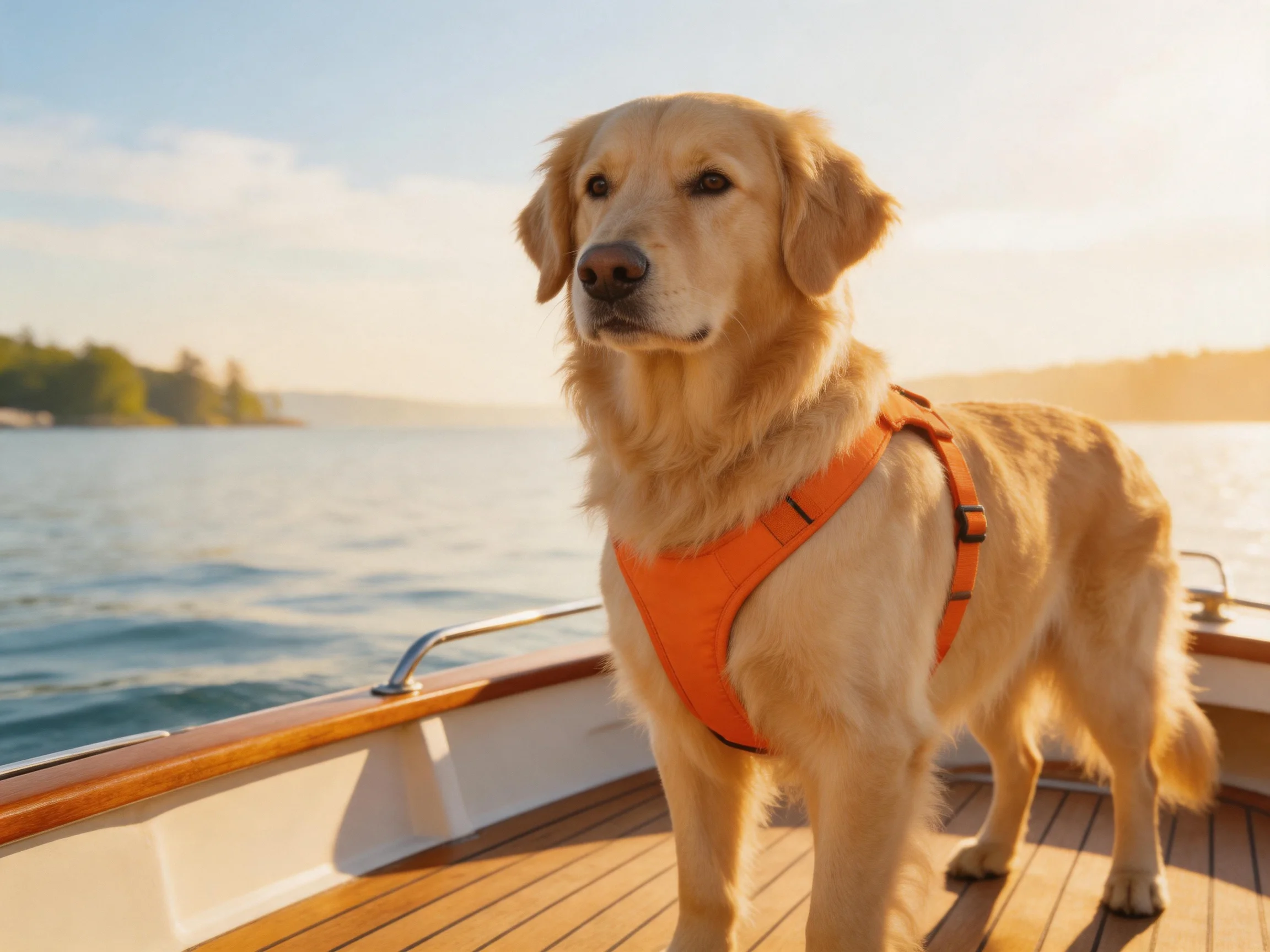 A golden retriever in an orange harness stands on a wooden boat by calm waters
