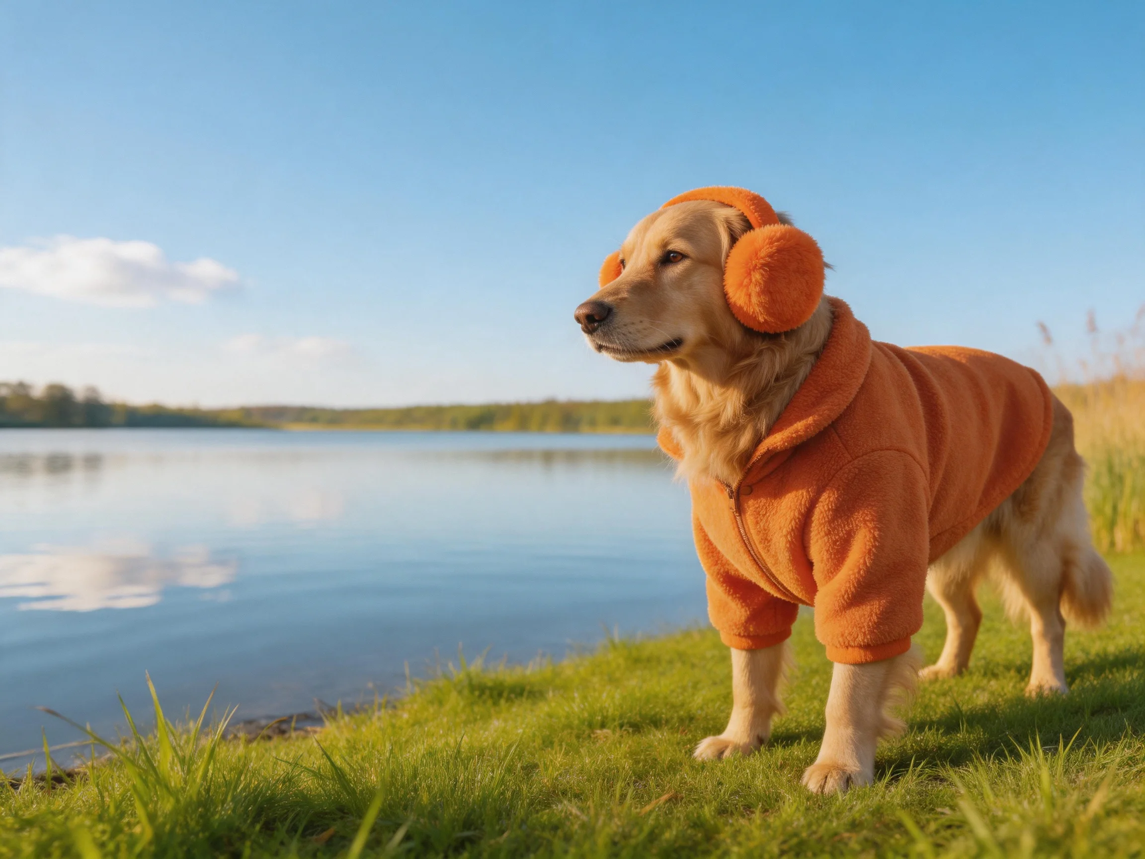 A golden retriever in an orange hoodie stands by a calm lake