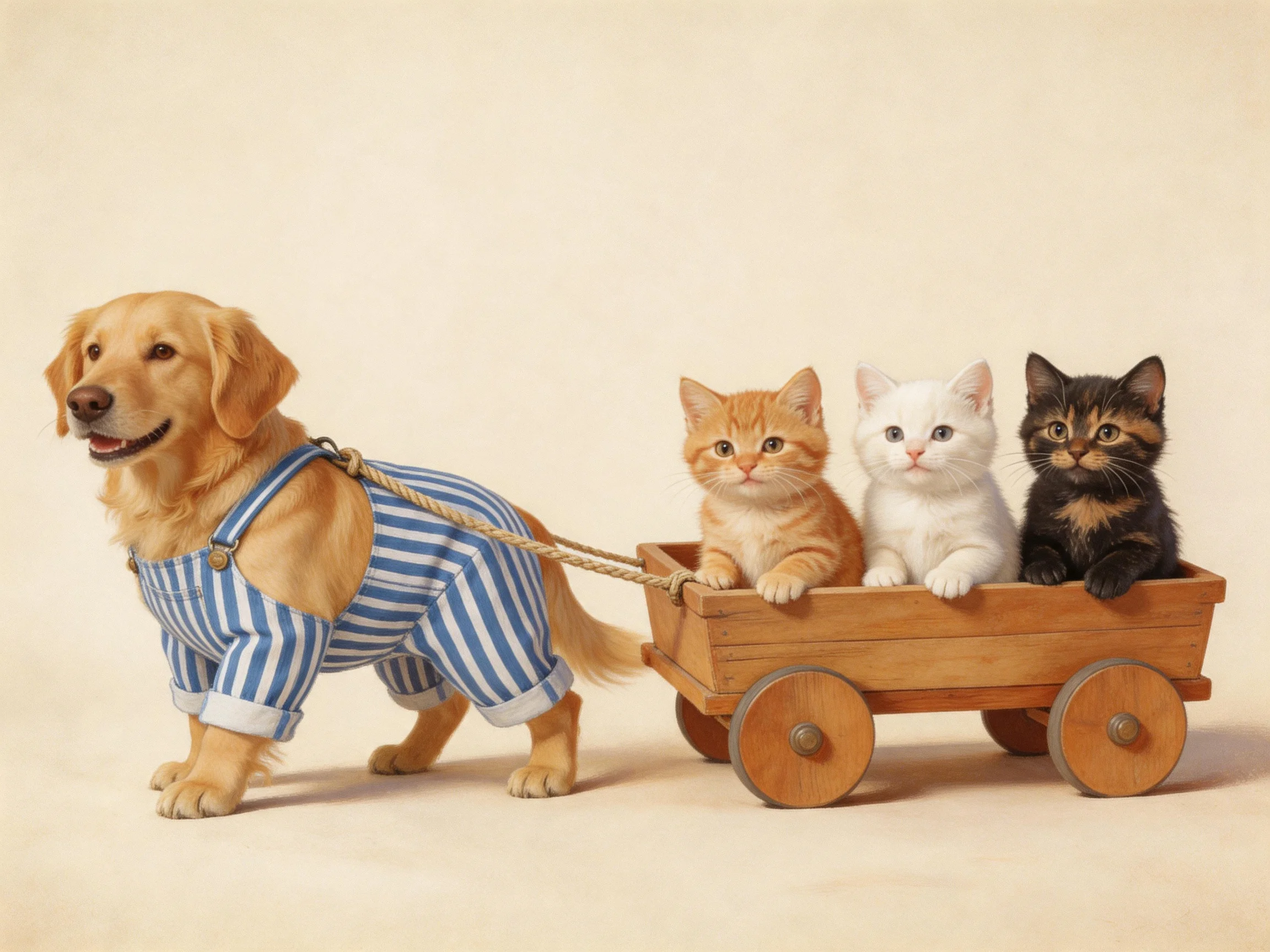A golden retriever pulls a wooden cart carrying three kittens