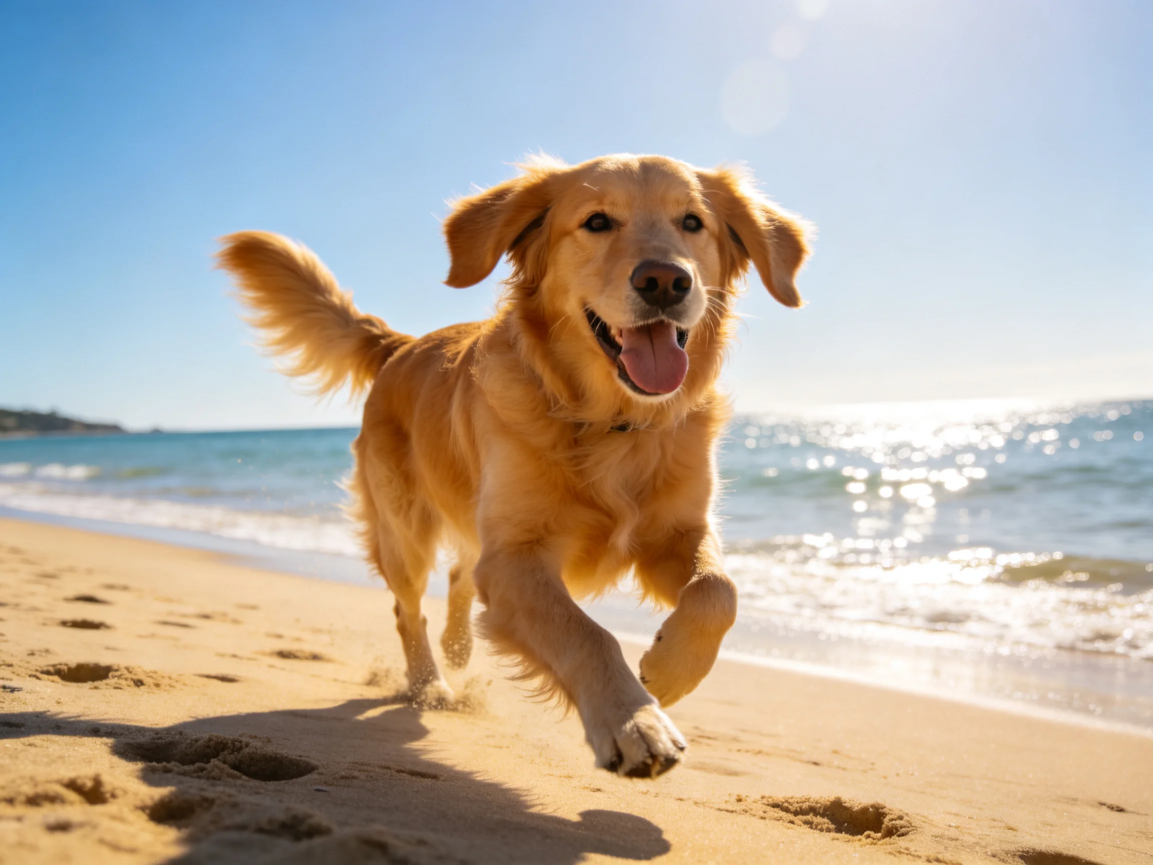 A golden retriever joyfully running along a sandy beach shoreline