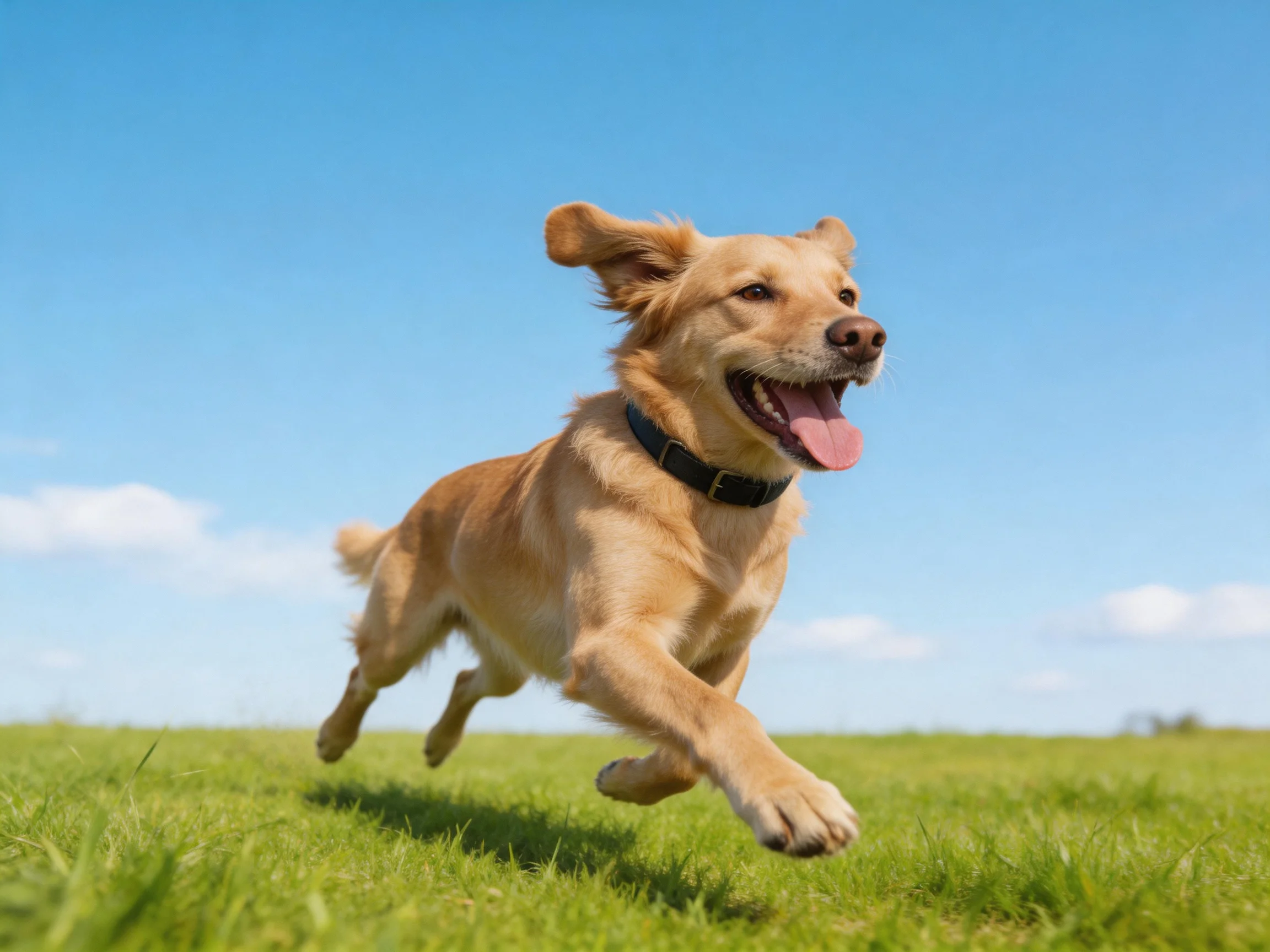 A golden retriever joyfully running through a lush green meadow under a bright blue sky