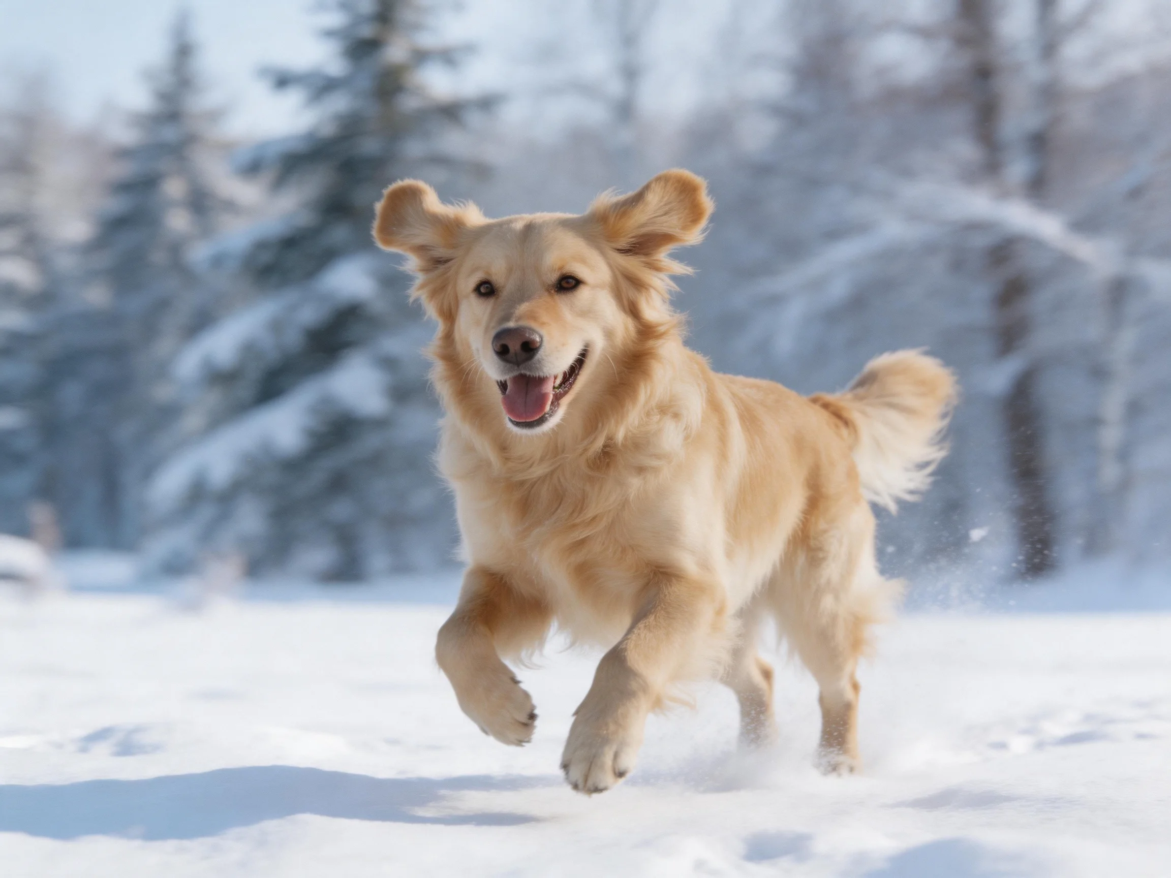 A golden retriever joyfully running through a snowy landscape