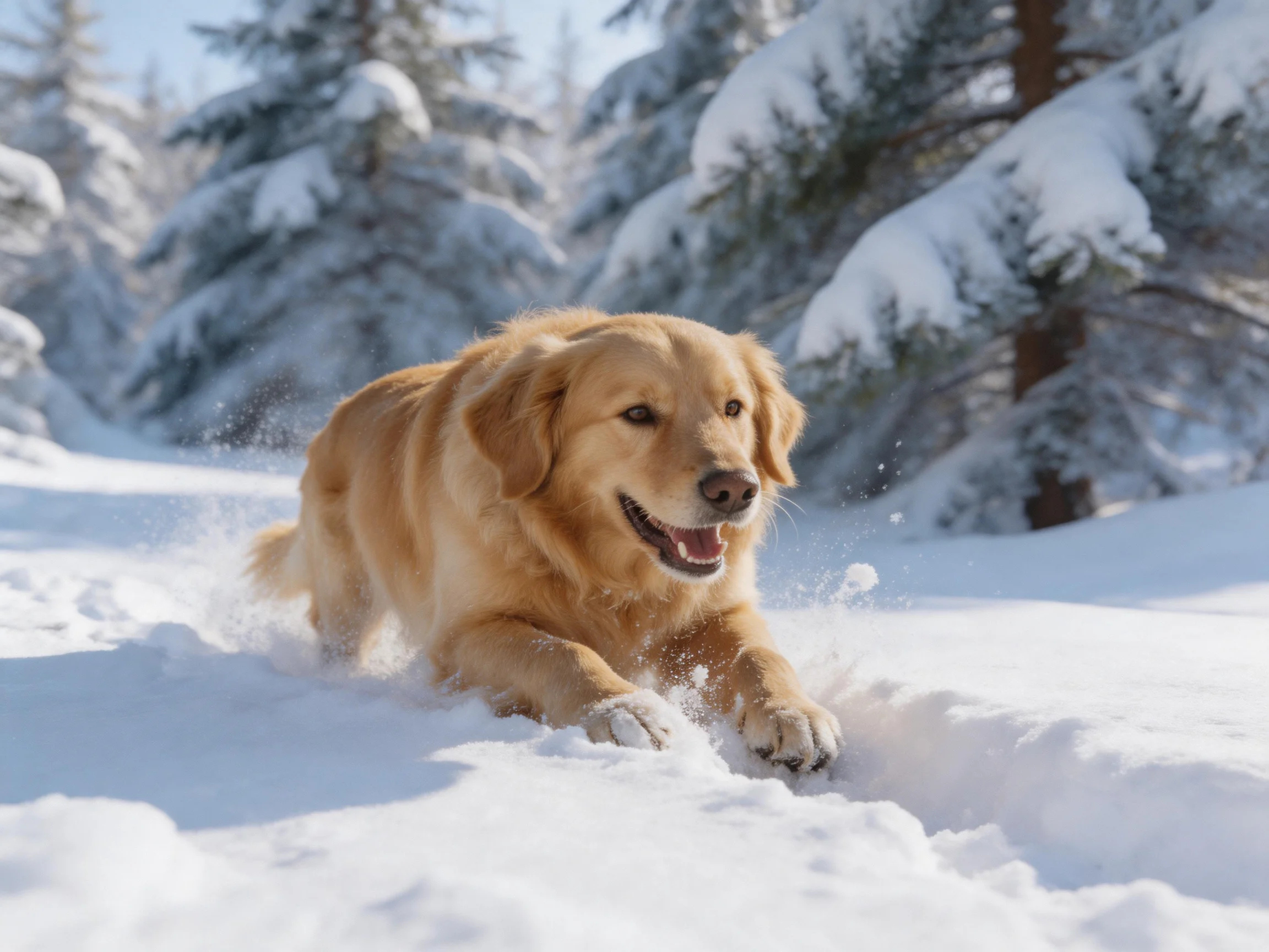 A golden retriever joyfully running through deep white snow near snow-covered evergreen trees