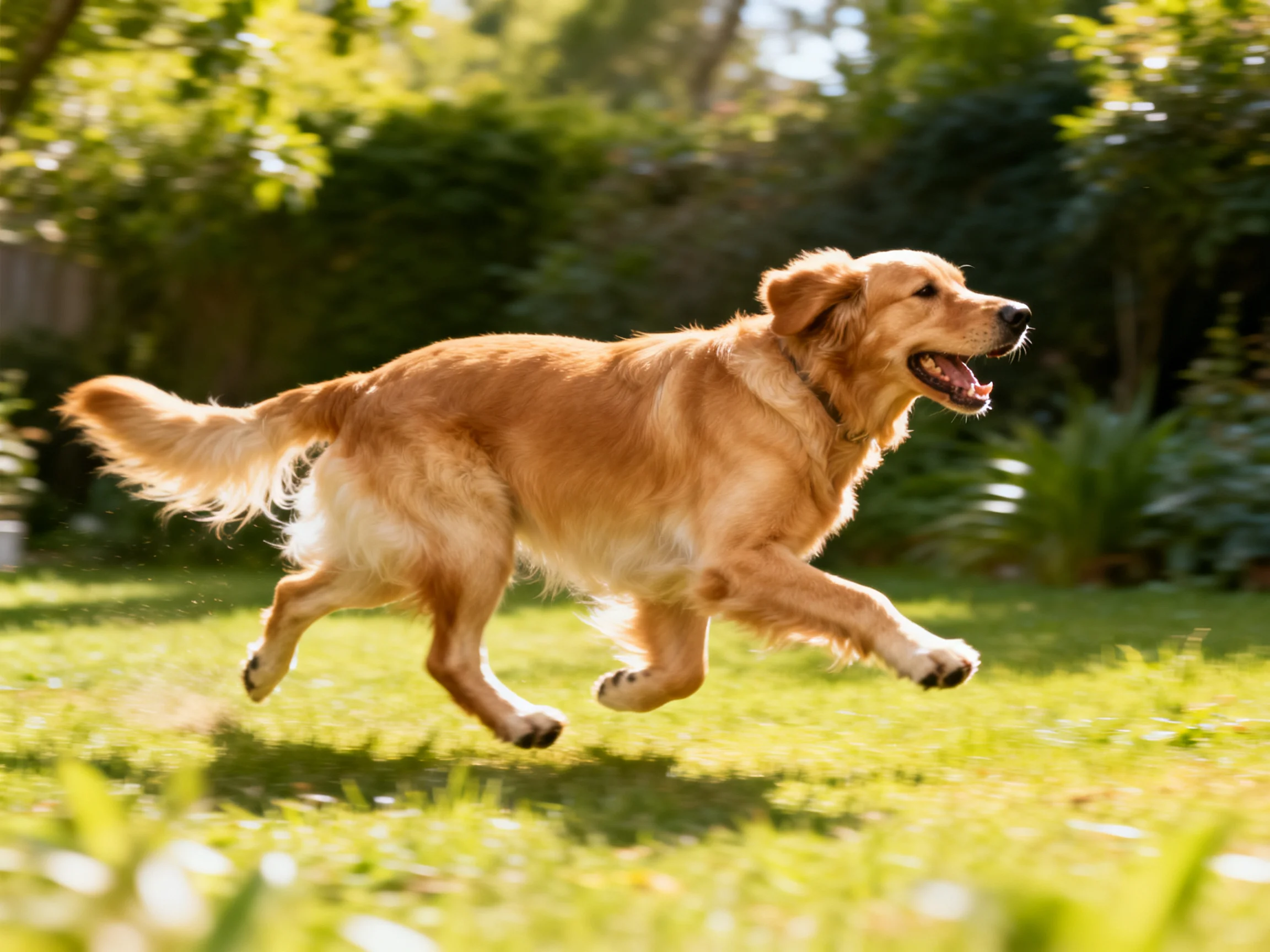 A golden retriever joyfully runs across a sunlit green lawn