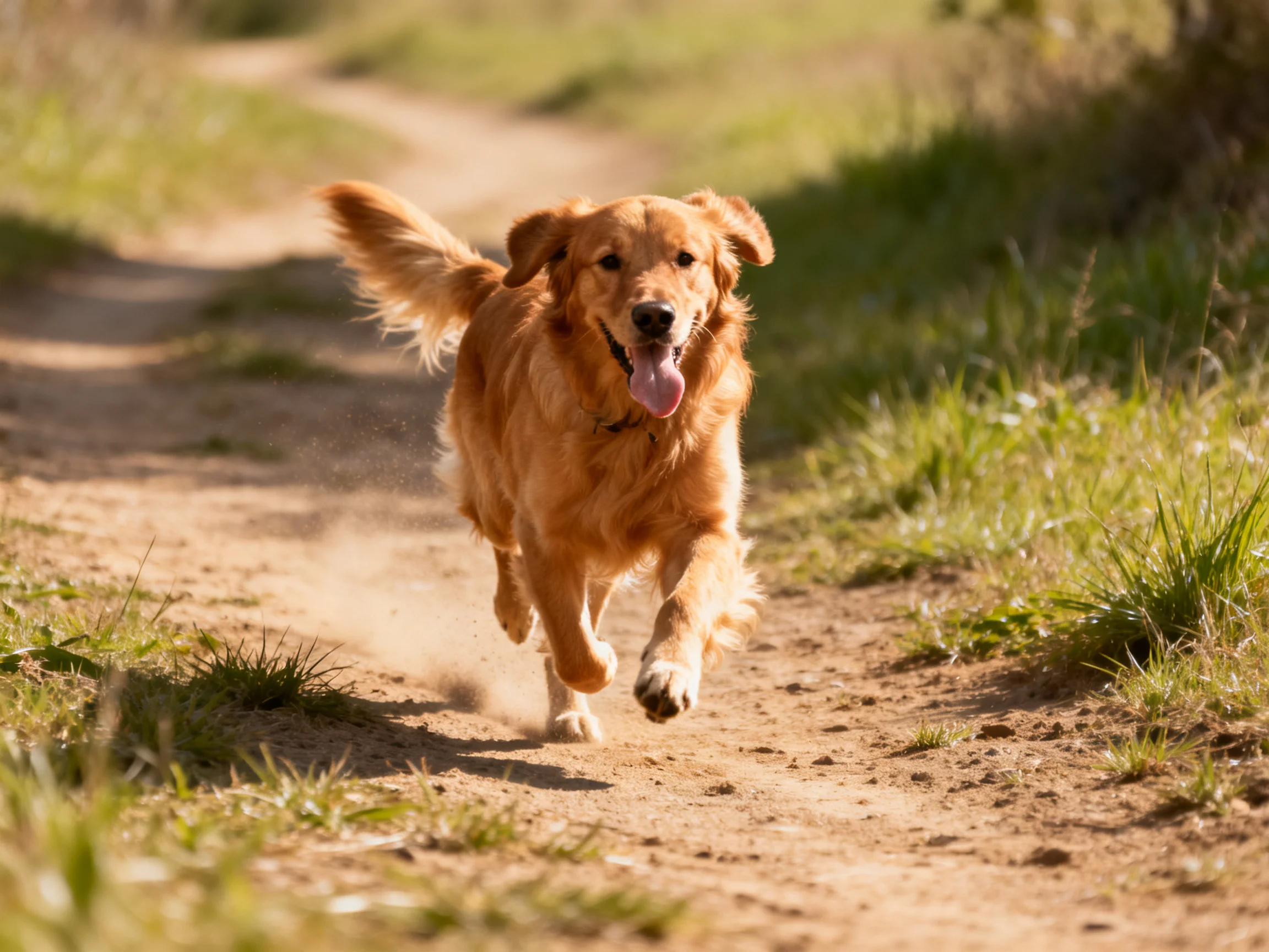 A golden retriever joyfully runs along a dusty country path