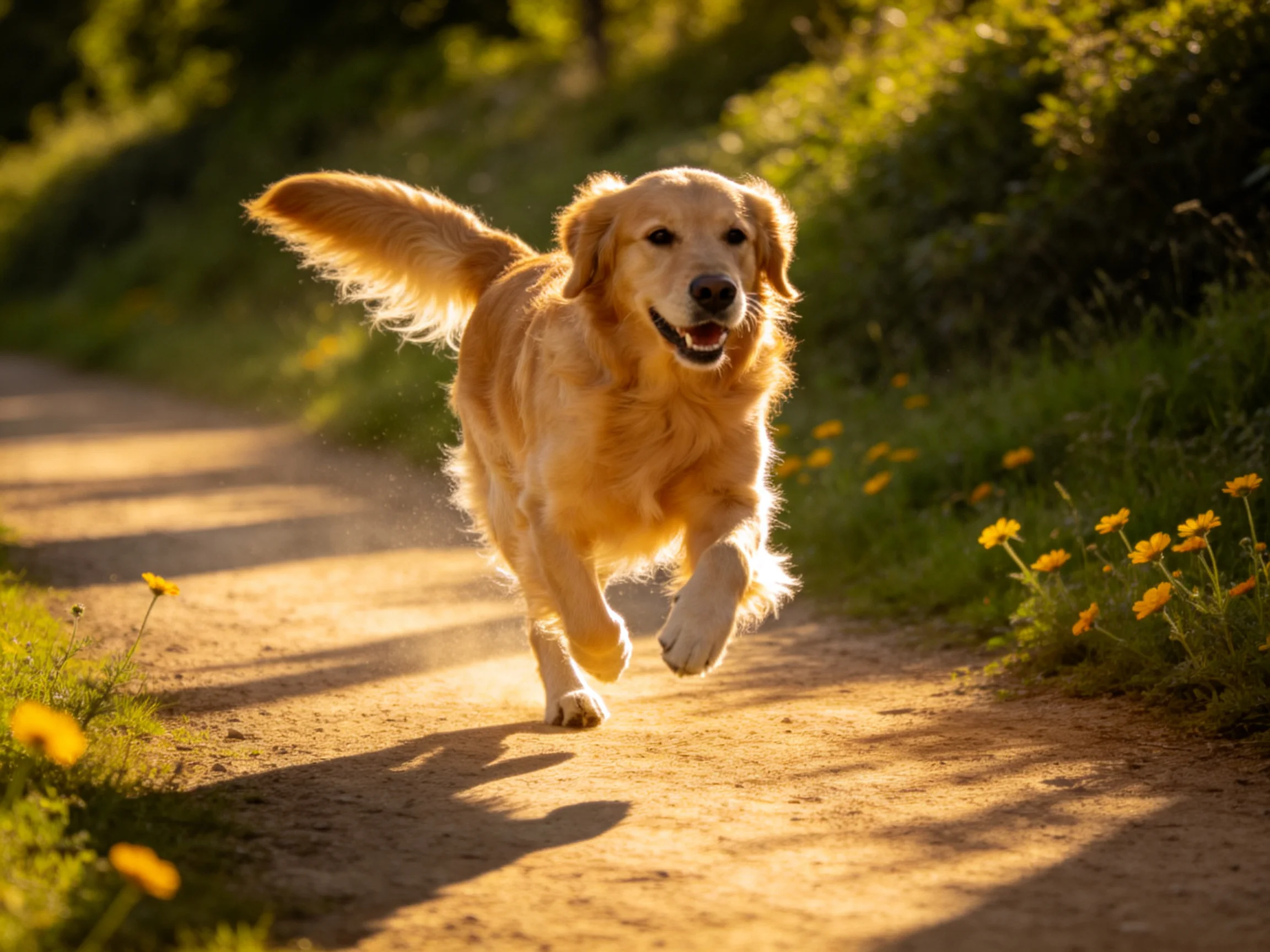 A golden retriever joyfully runs along a sunlit dirt path with yellow wildflowers