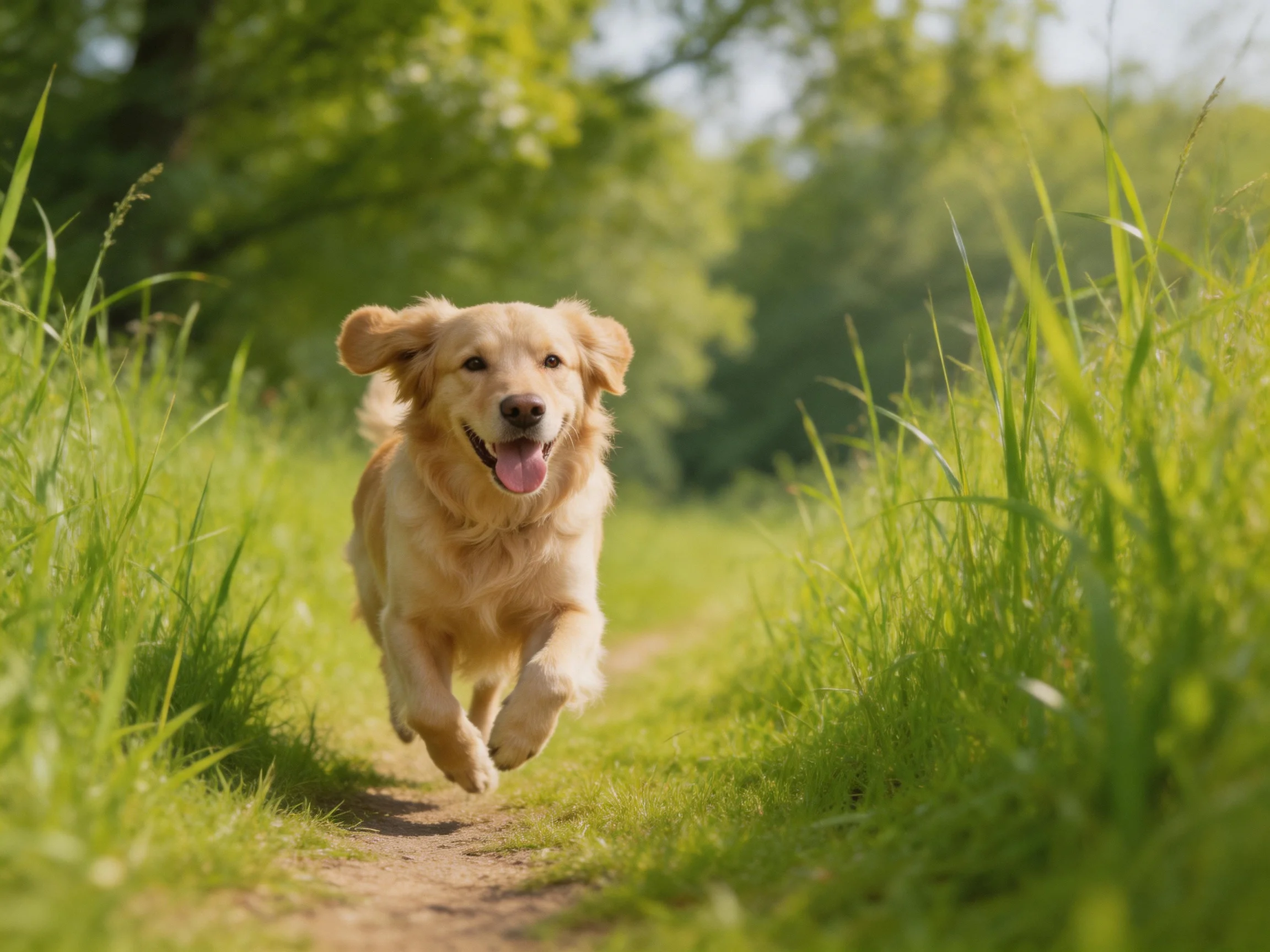A golden retriever runs happily on a sunlit grassy path surrounded by tall greenery.