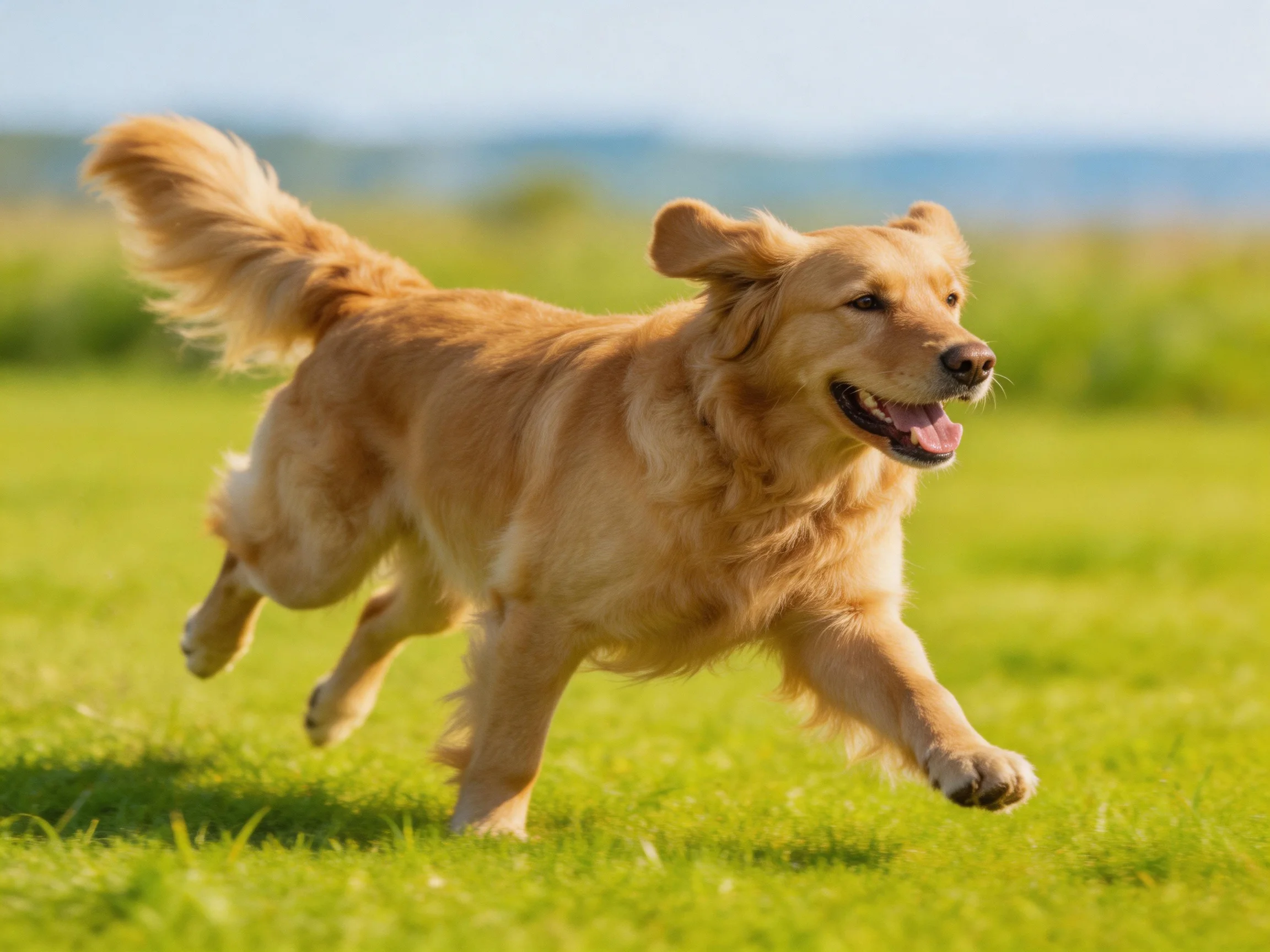 A golden retriever joyfully runs through a lush green meadow