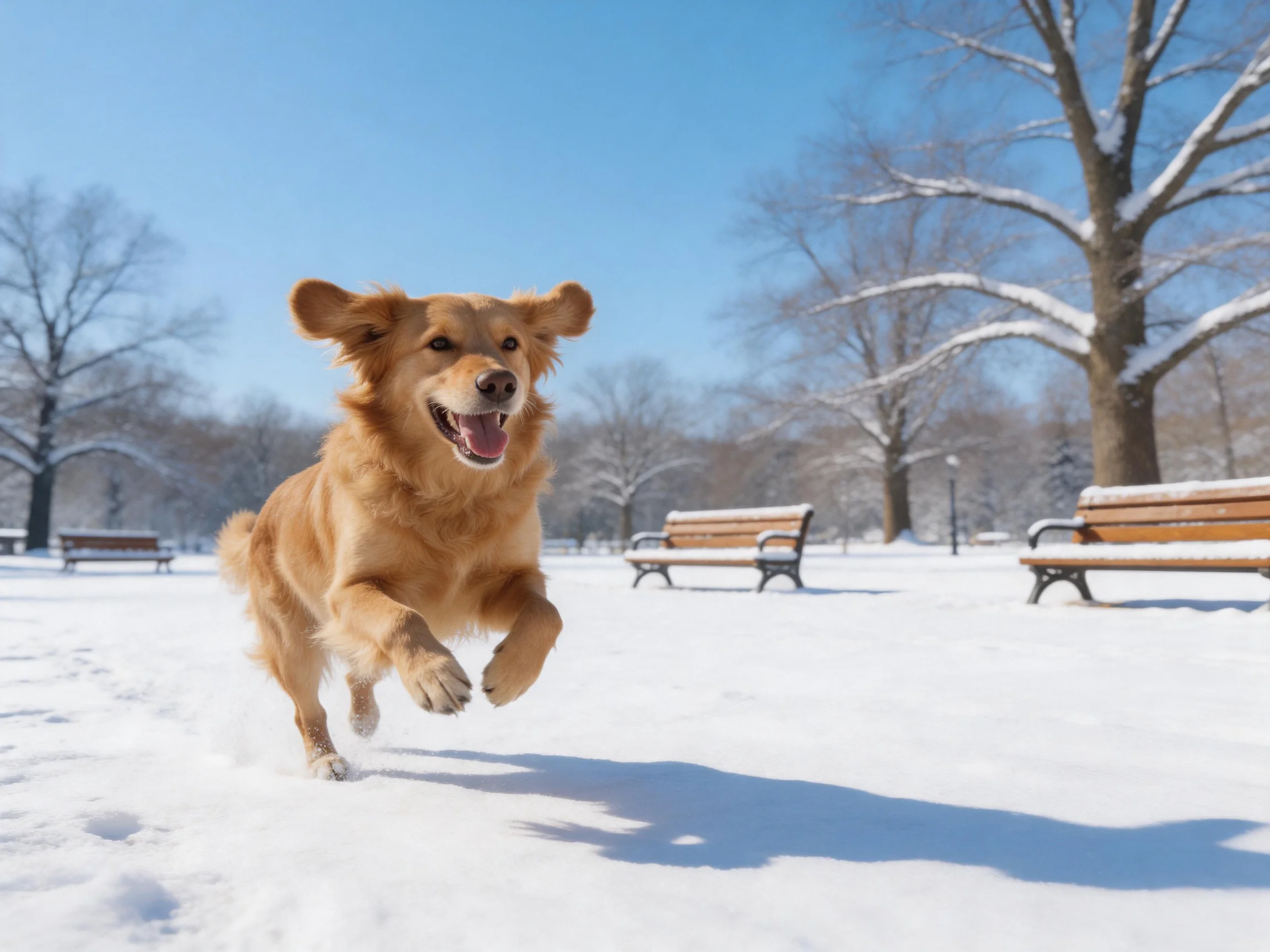 A golden retriever runs through a snow - covered park.