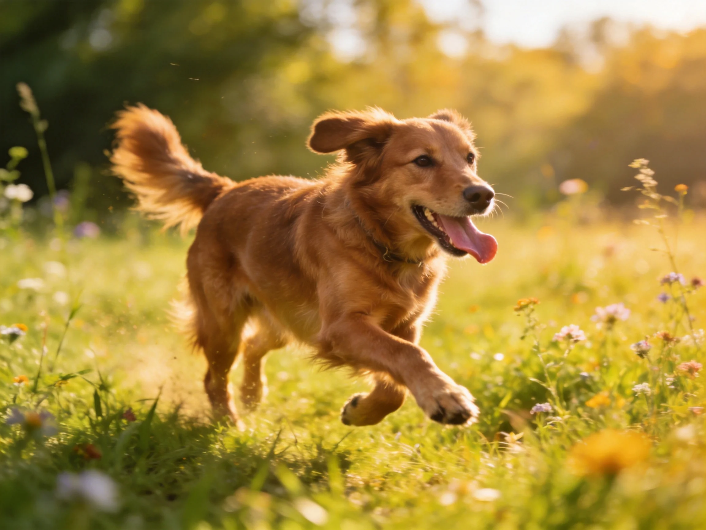 A golden retriever runs energetically through a sunlit meadow of wildflowers