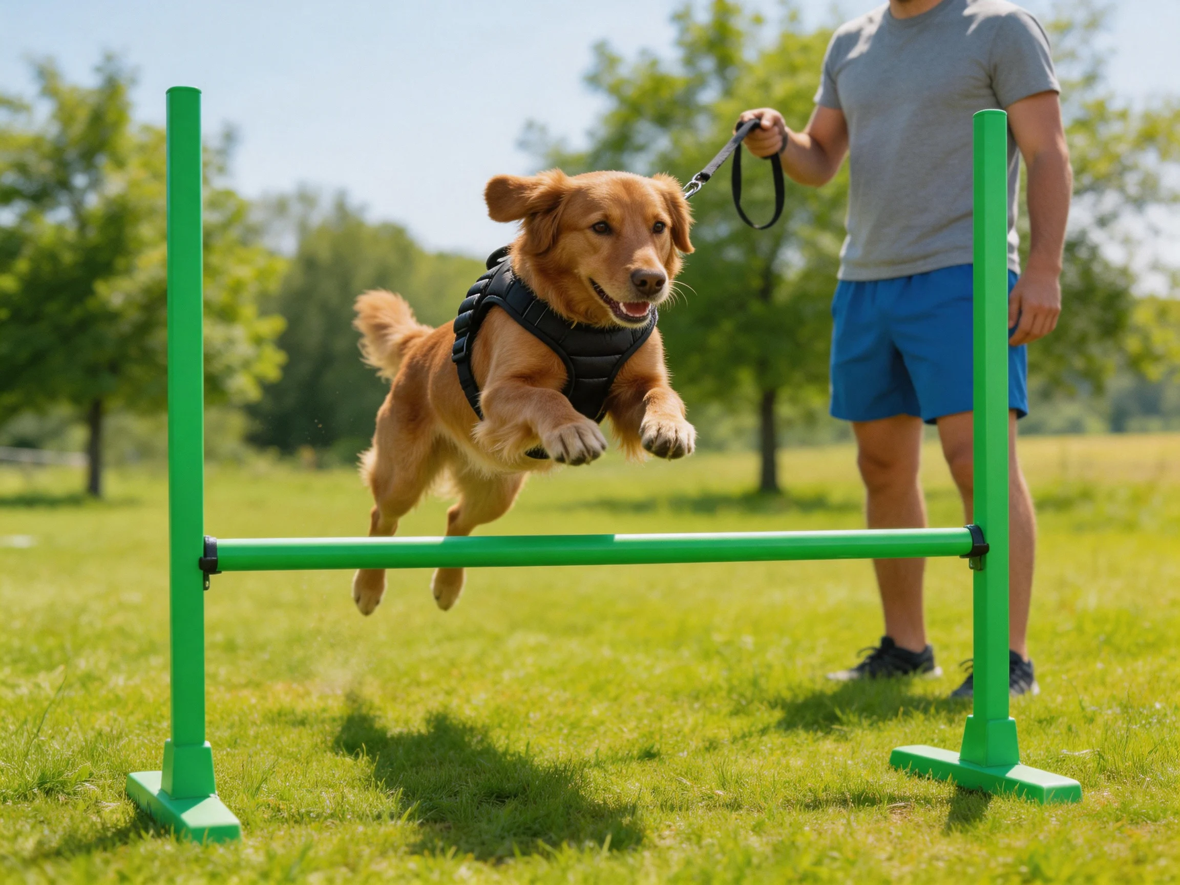A golden retriever jumps over green agility hurdles with a handler’s guidance