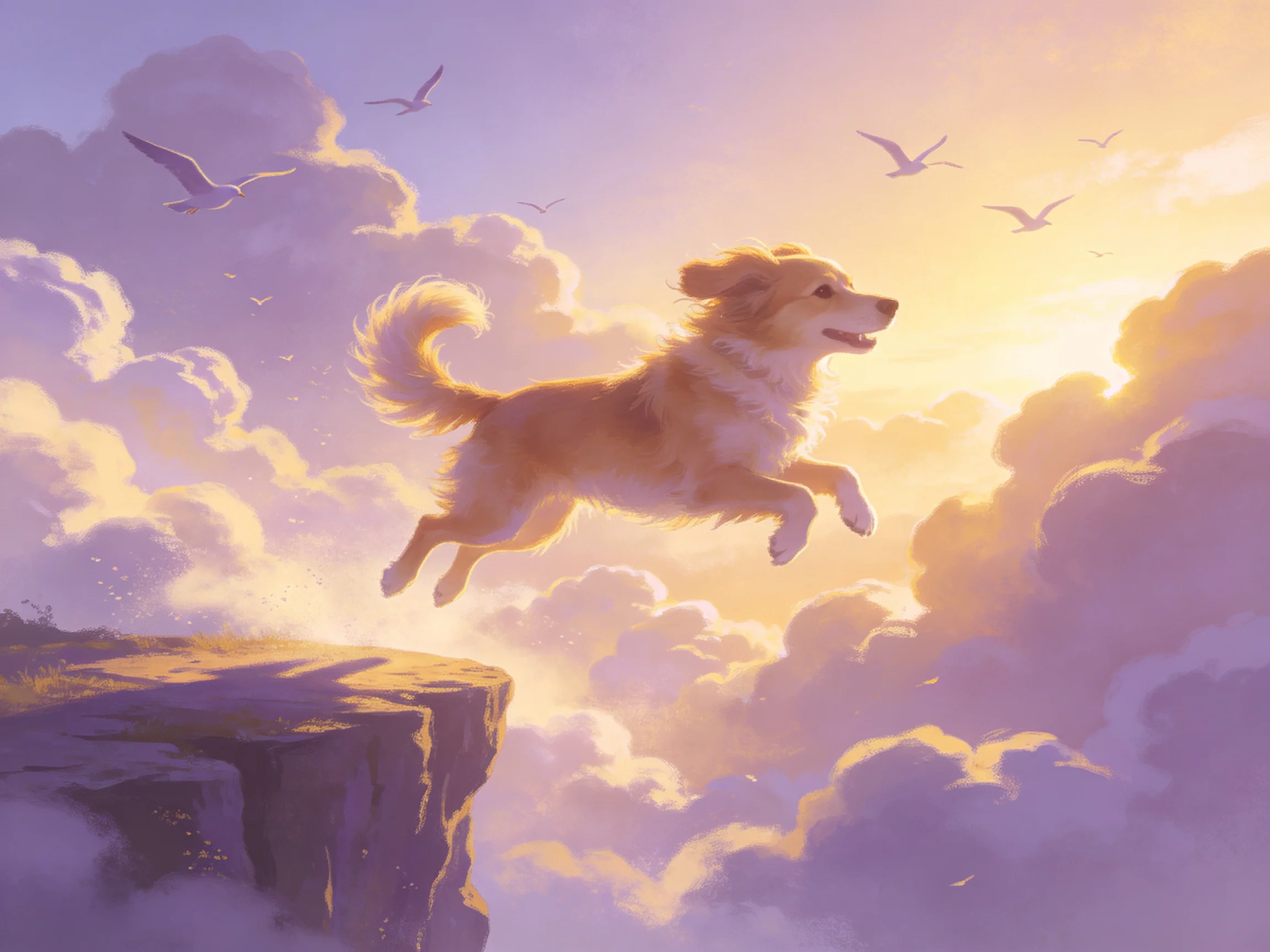 A golden retriever leaps off a cliff into a sky filled with clouds and birds.