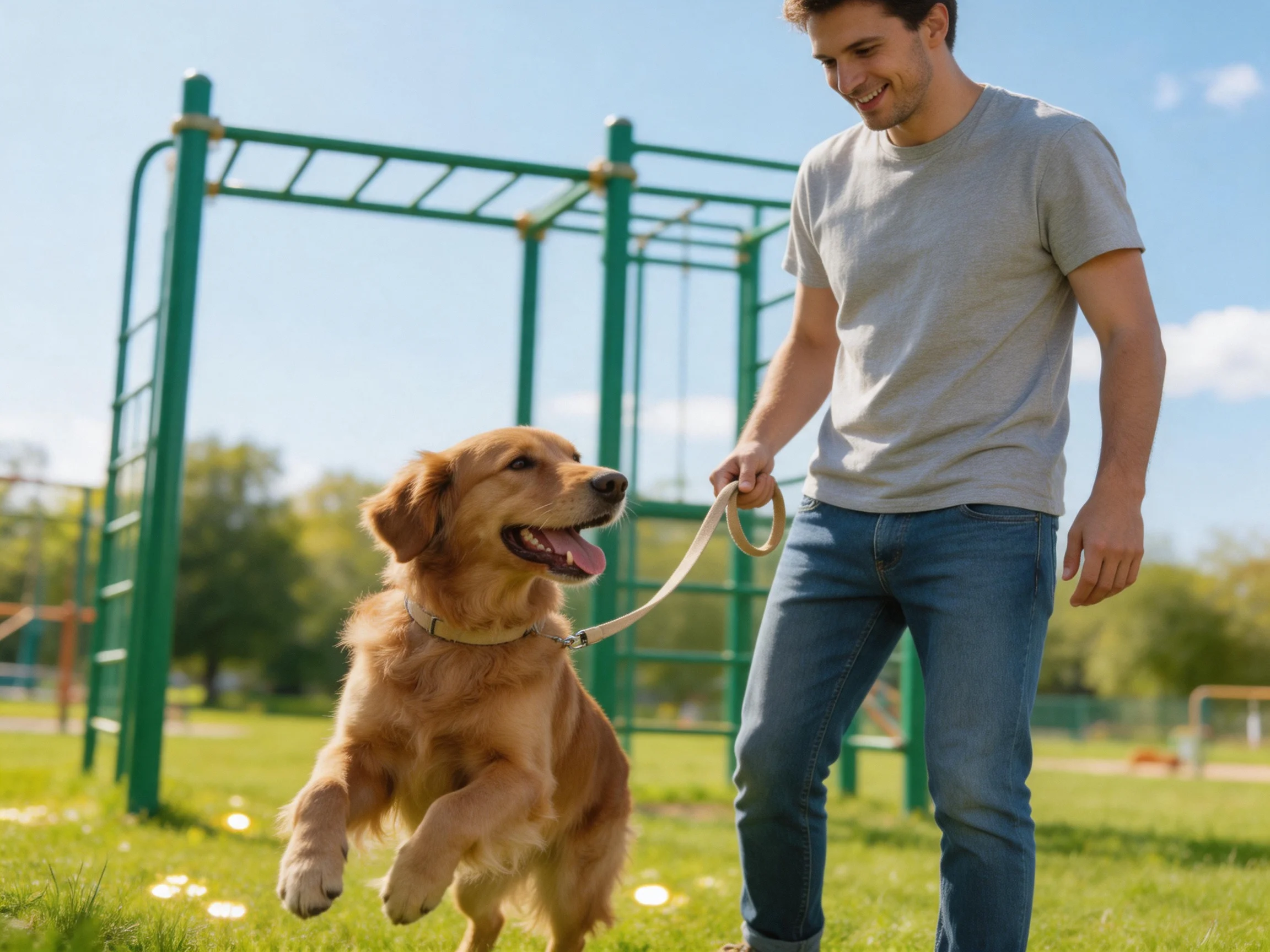 A golden retriever leaps near a man with a leash in a sunny park