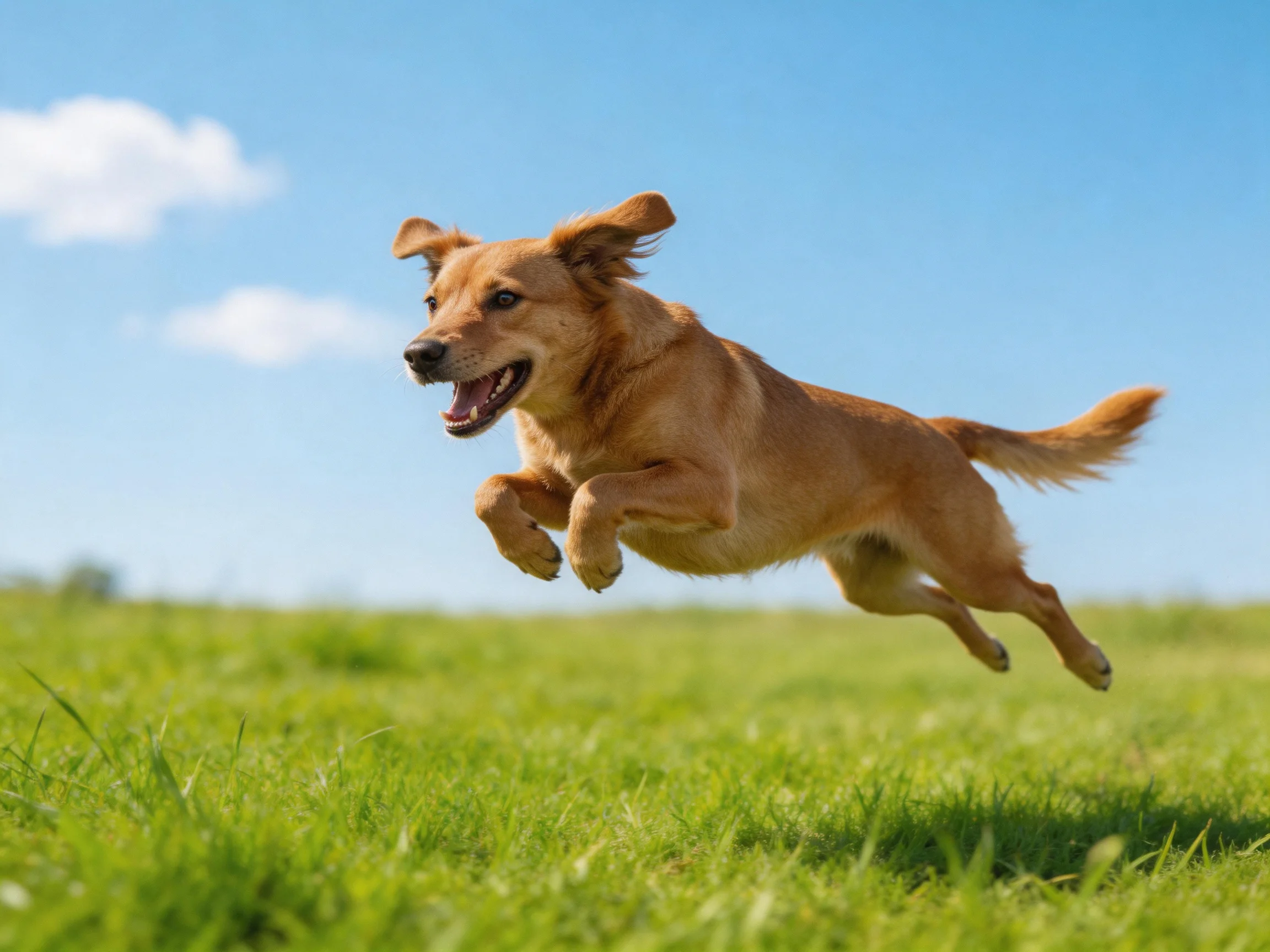 A golden retriever leaps over lush green grass under clear blue sky