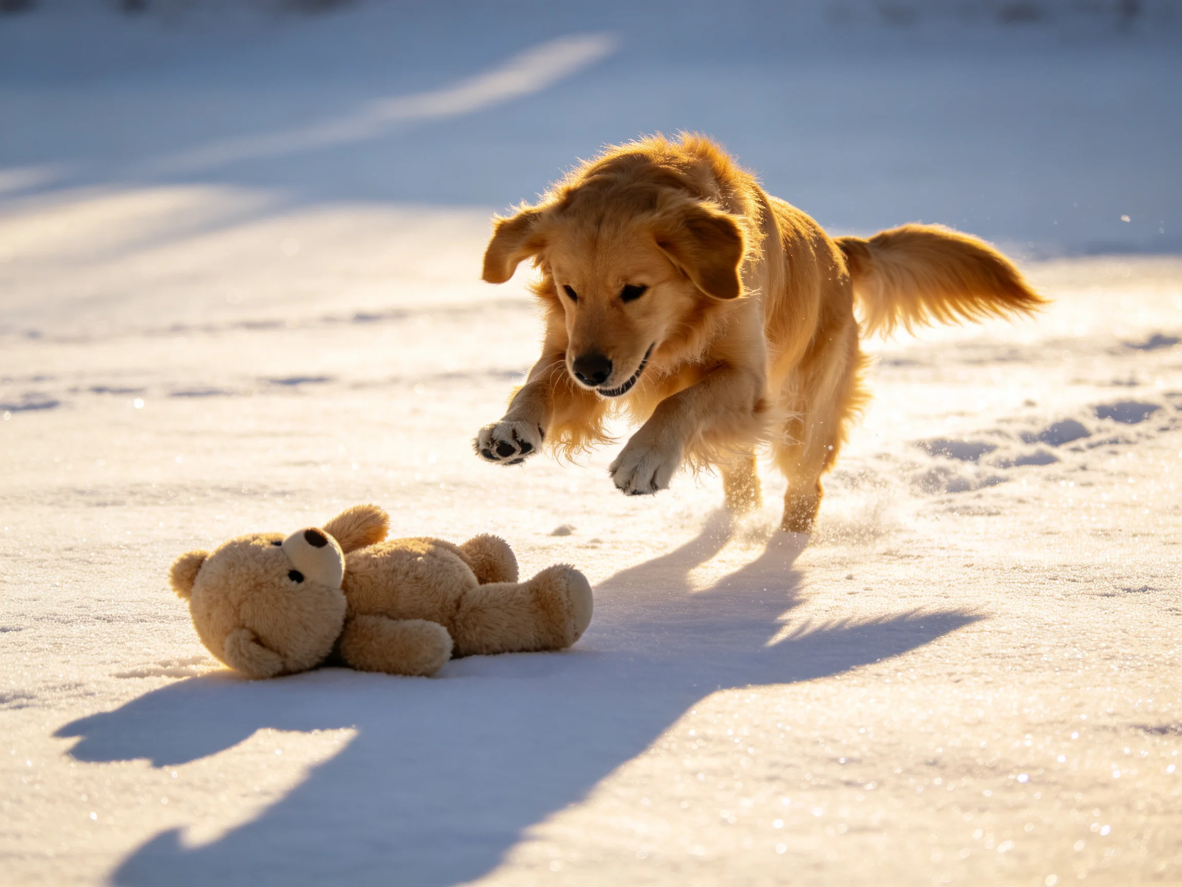 A golden retriever leaps toward a brown teddy bear on snowy ground