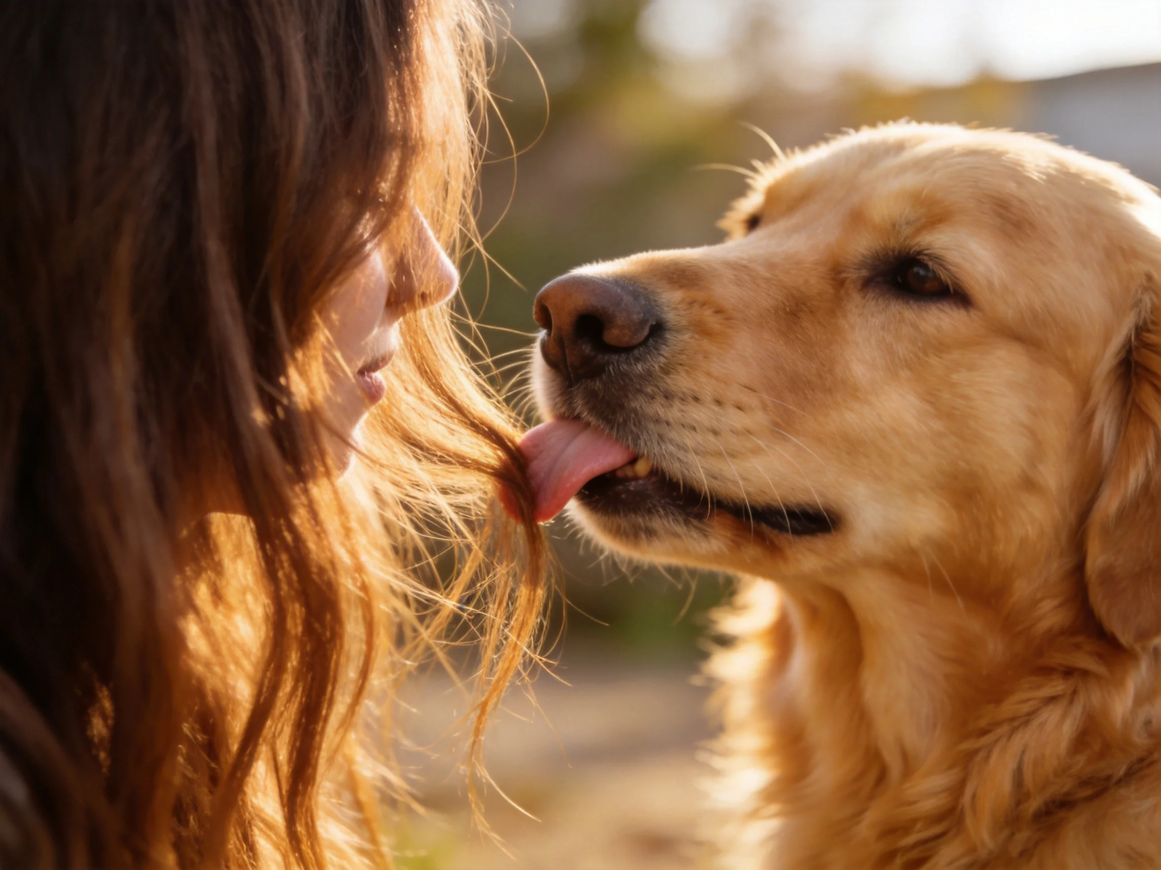 A golden retriever licks a woman’s wavy brown hair in warm sunlight