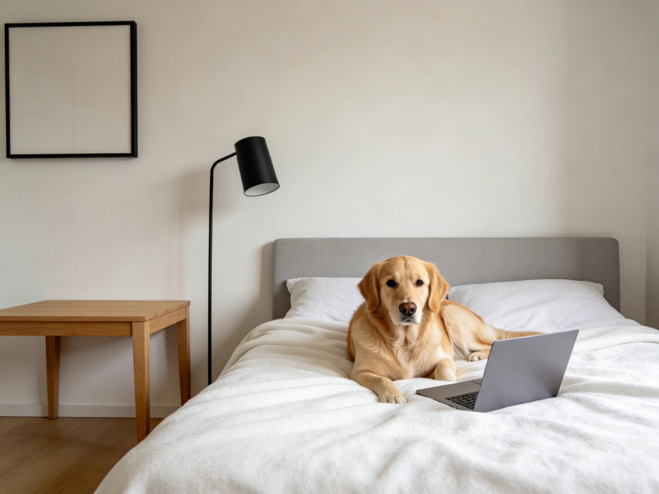A golden retriever lies on a white bed with an open silver laptop