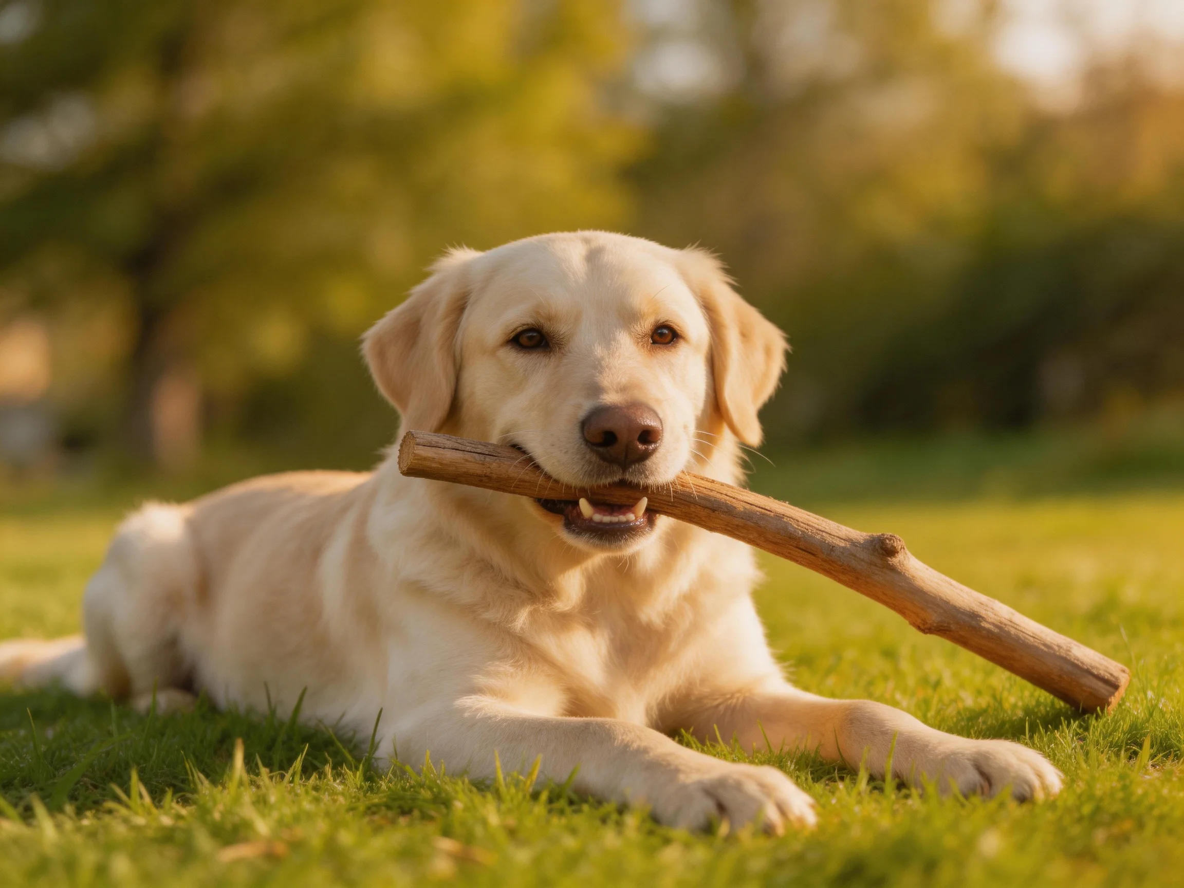 A golden retriever lies on green grass clutching a brown wooden stick