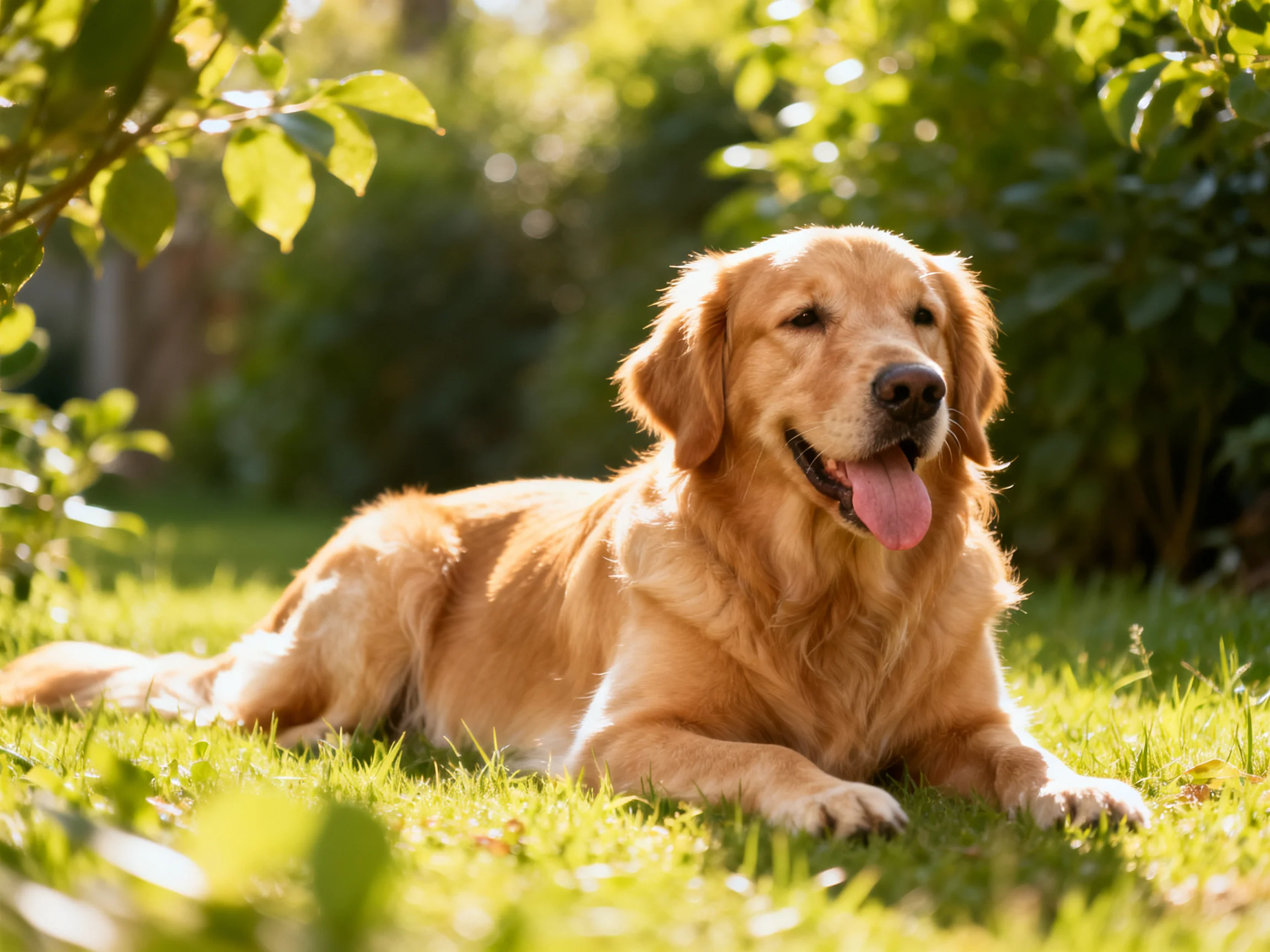 A golden retriever lounges on sunlit green grass surrounded by dense foliage