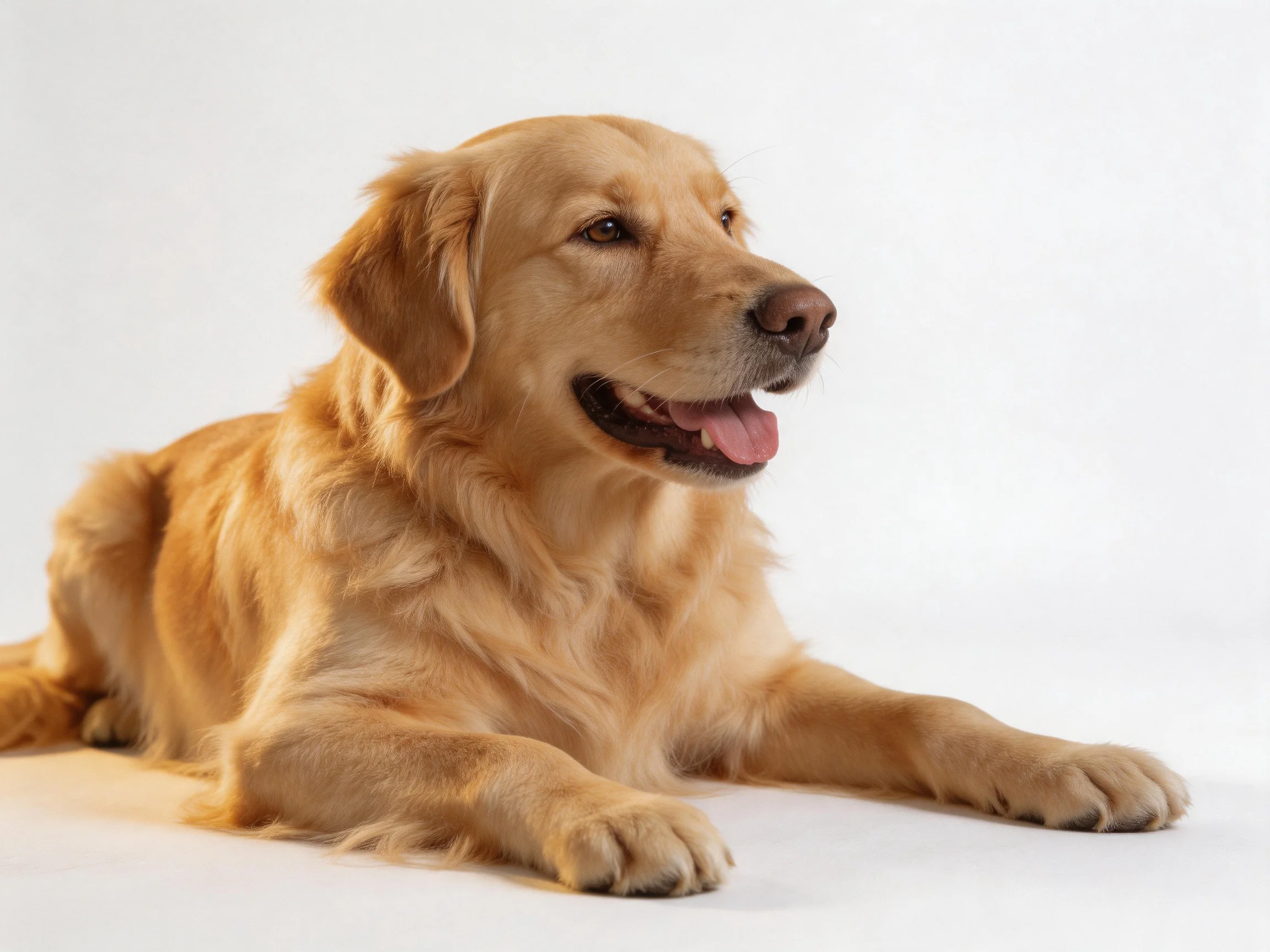 A golden retriever lies calmly on a plain white surface.