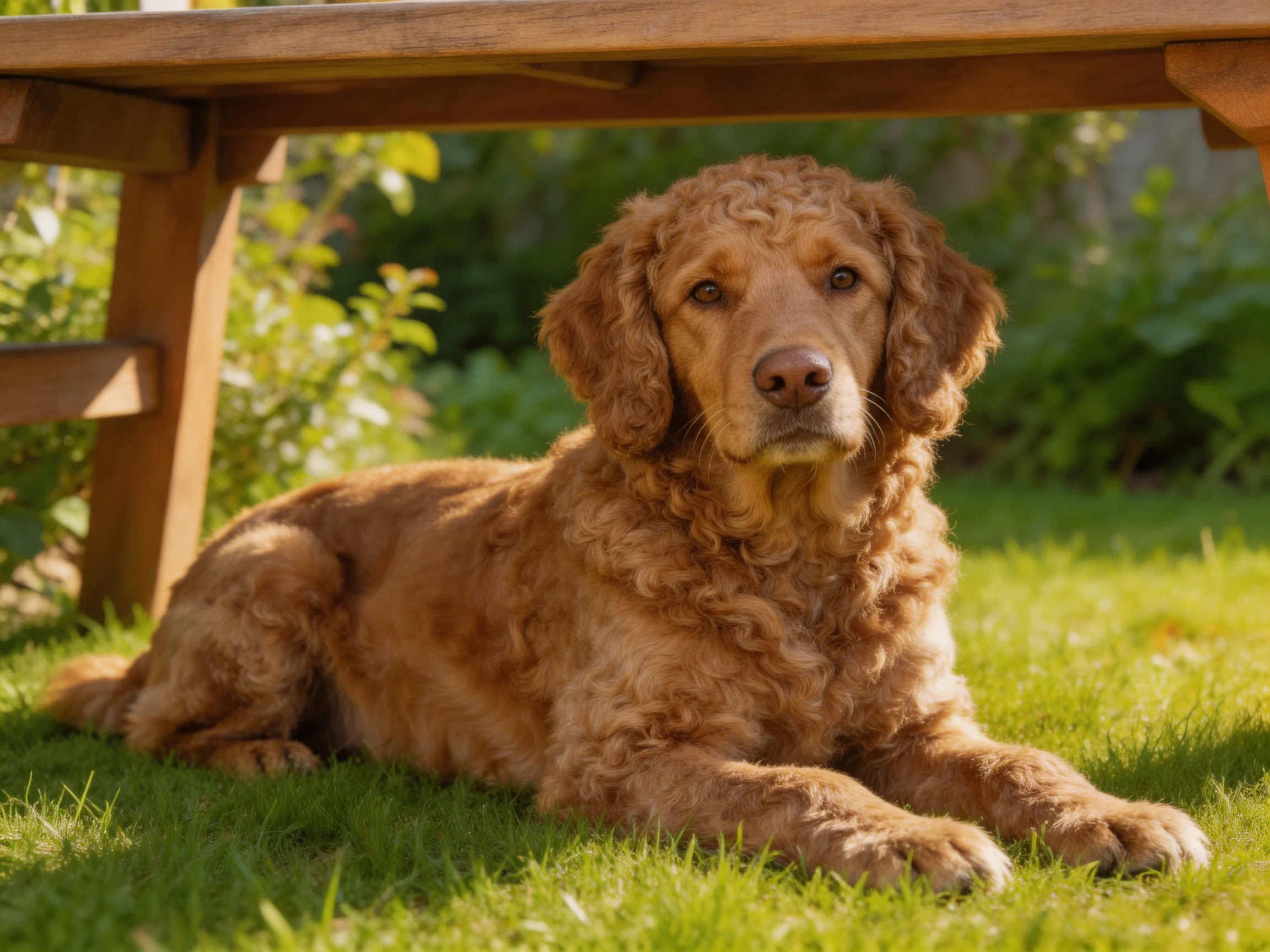 A golden retriever mix rests calmly under a wooden structure in a sunlit area.