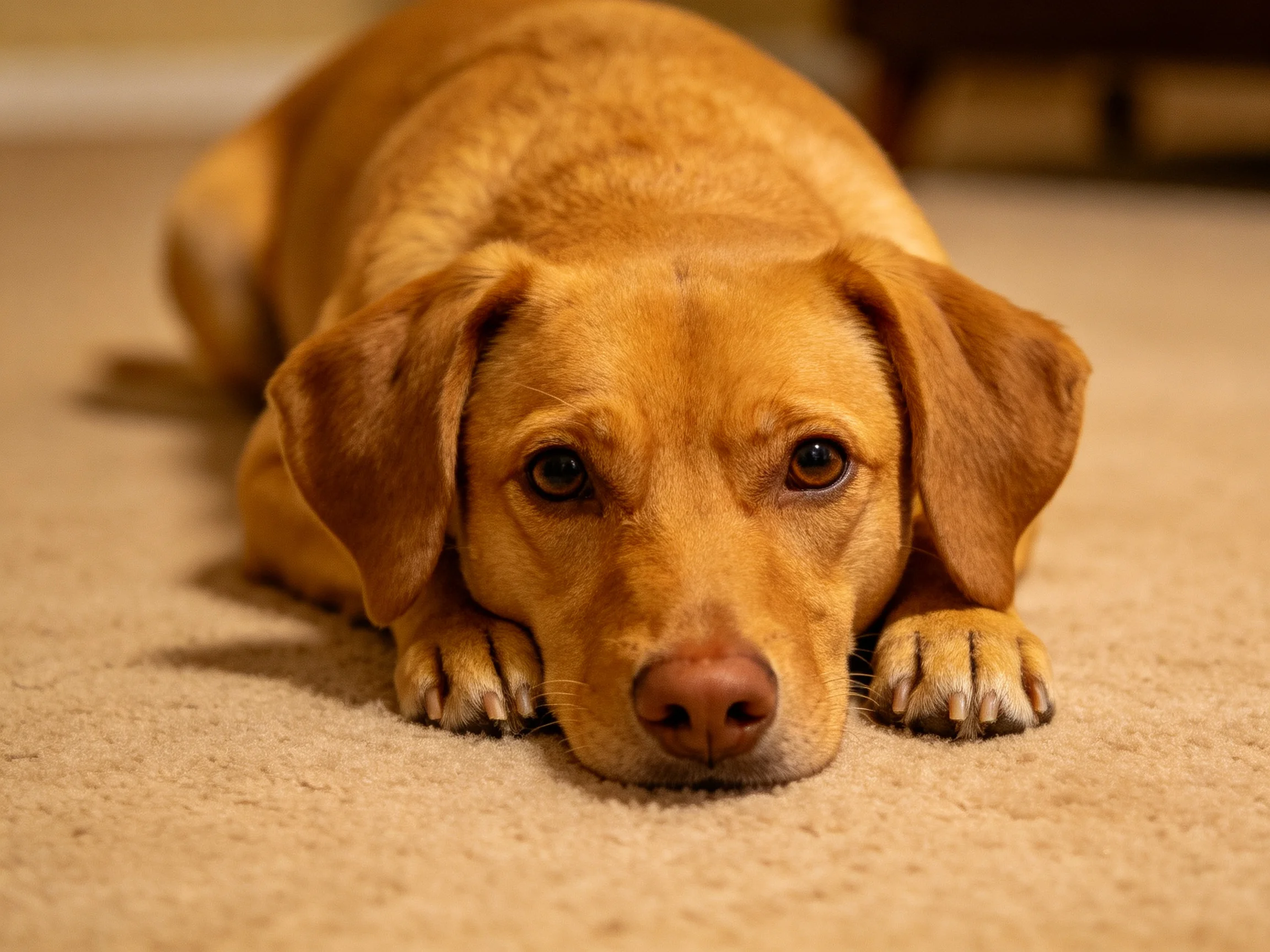 A golden retriever mix rests on a beige carpet