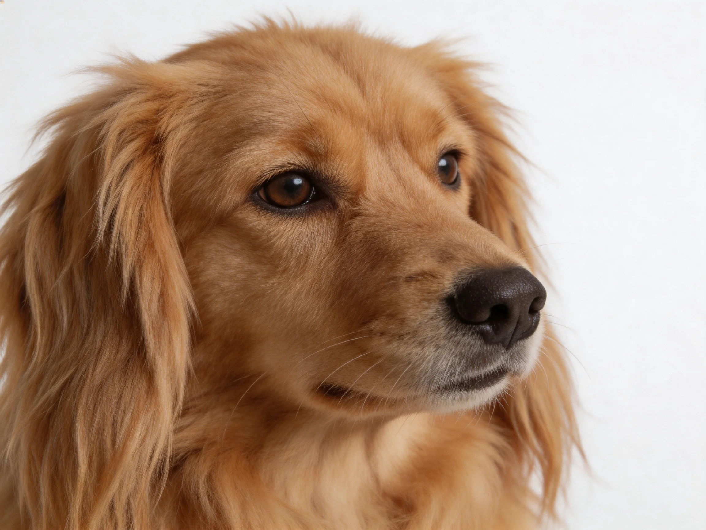 A golden retriever mix with long wavy brown fur on a white backdrop