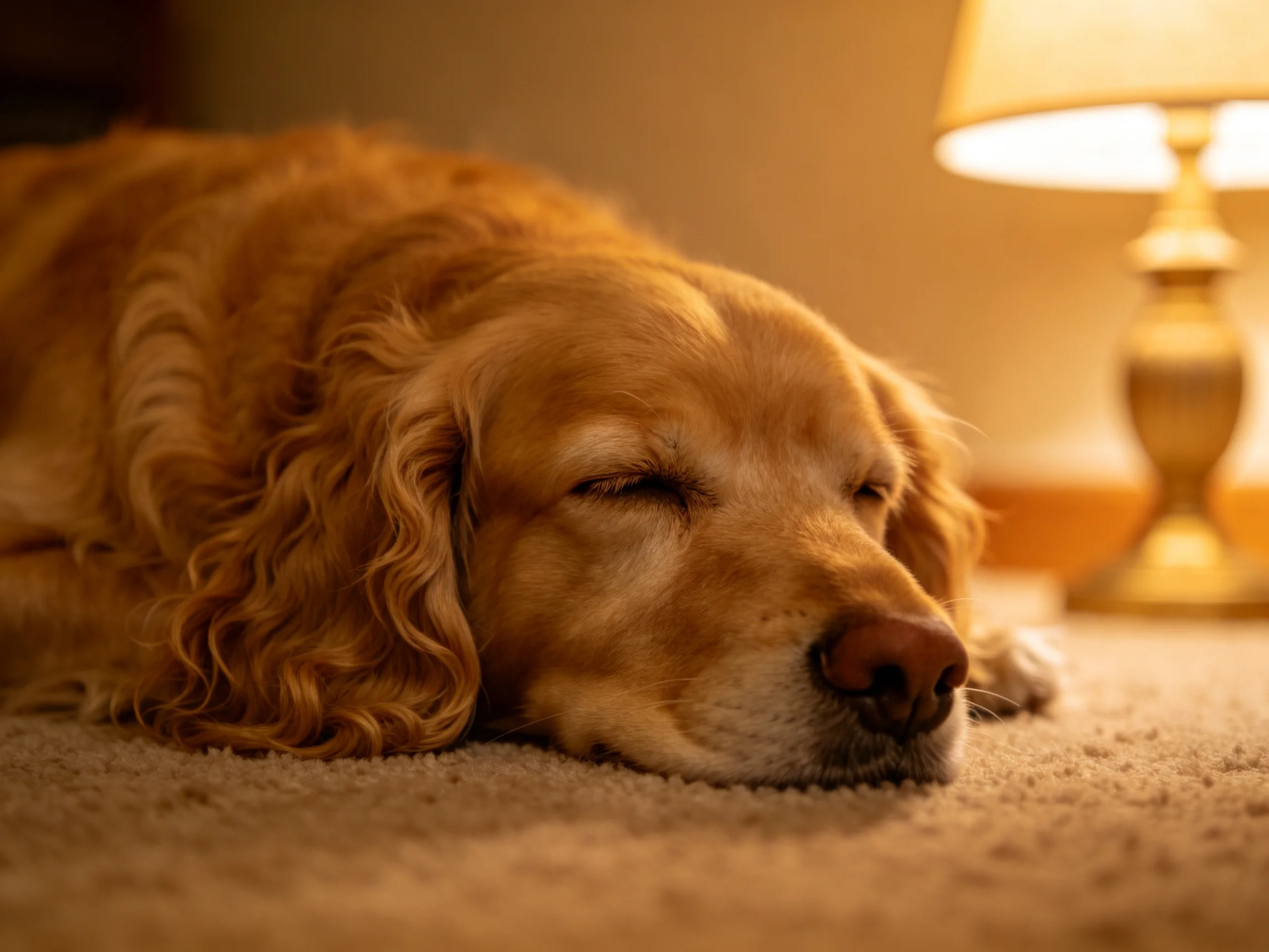 A golden retriever naps on a beige carpet near a glowing table lamp