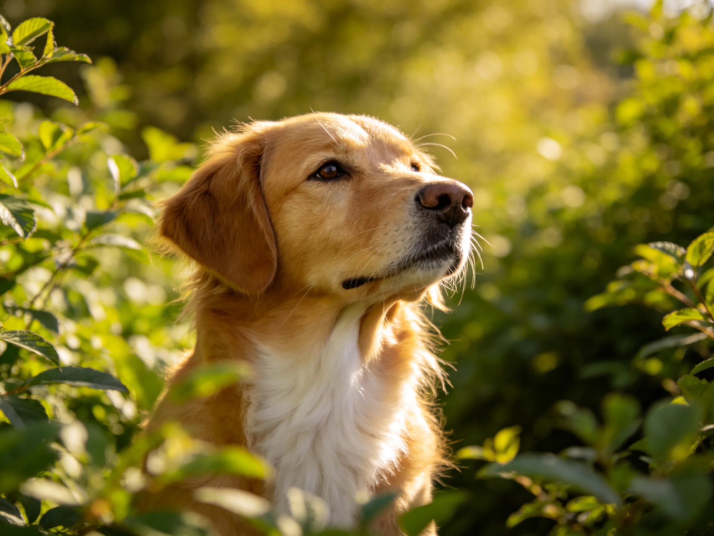 A golden retriever is surrounded by greenery, gazing upward.