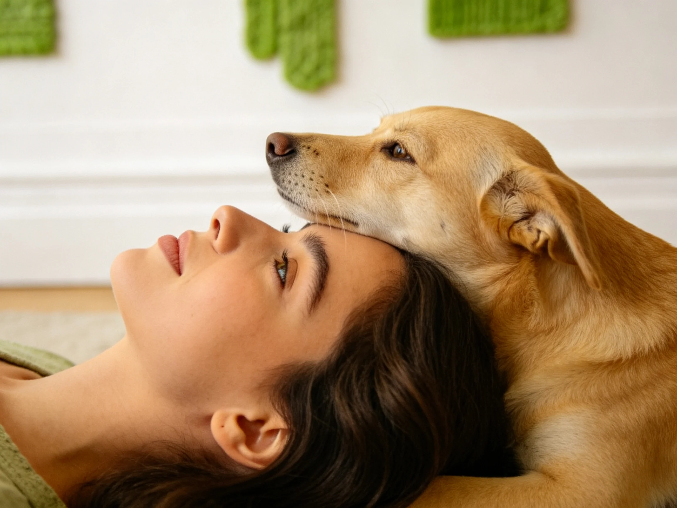 A golden retriever nuzzles a woman’s head in a room with green wall decor.