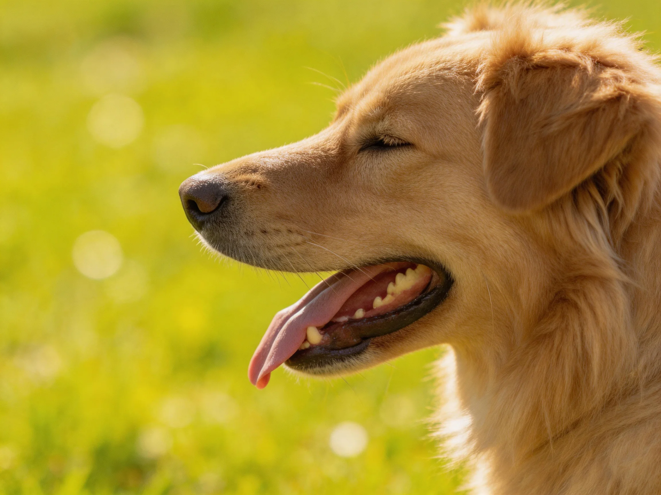 A golden retriever panting contentedly in a sunlit green meadow