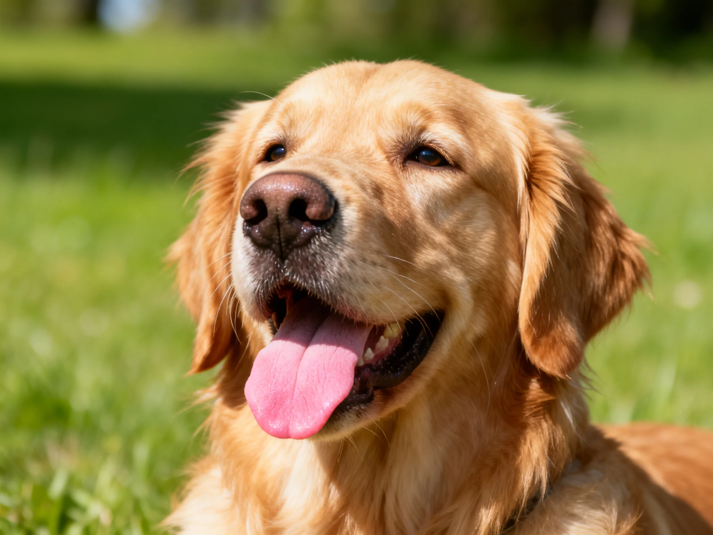 A golden retriever panting joyfully in a sun-drenched green meadow