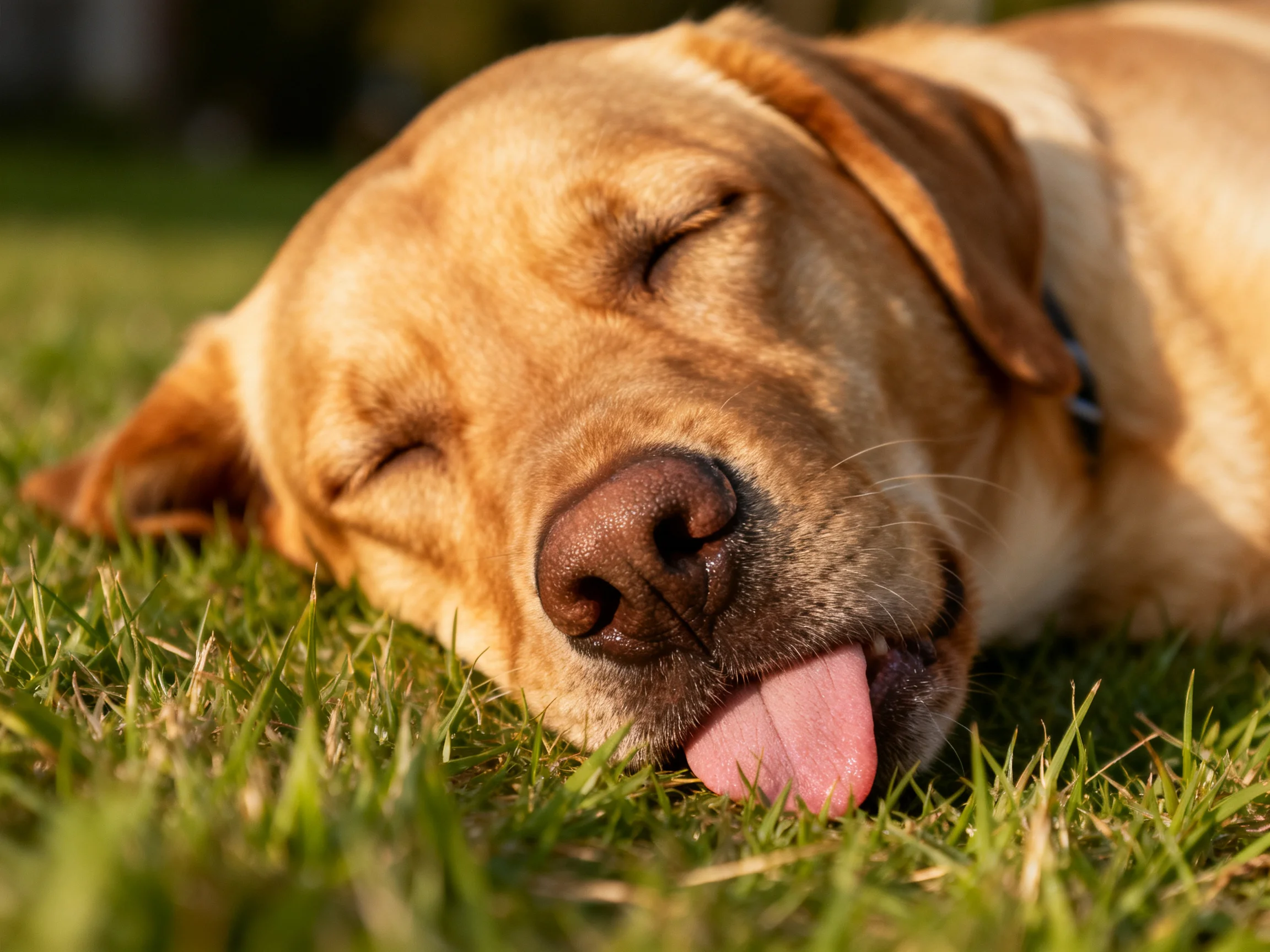 A golden retriever peacefully resting on lush green grass