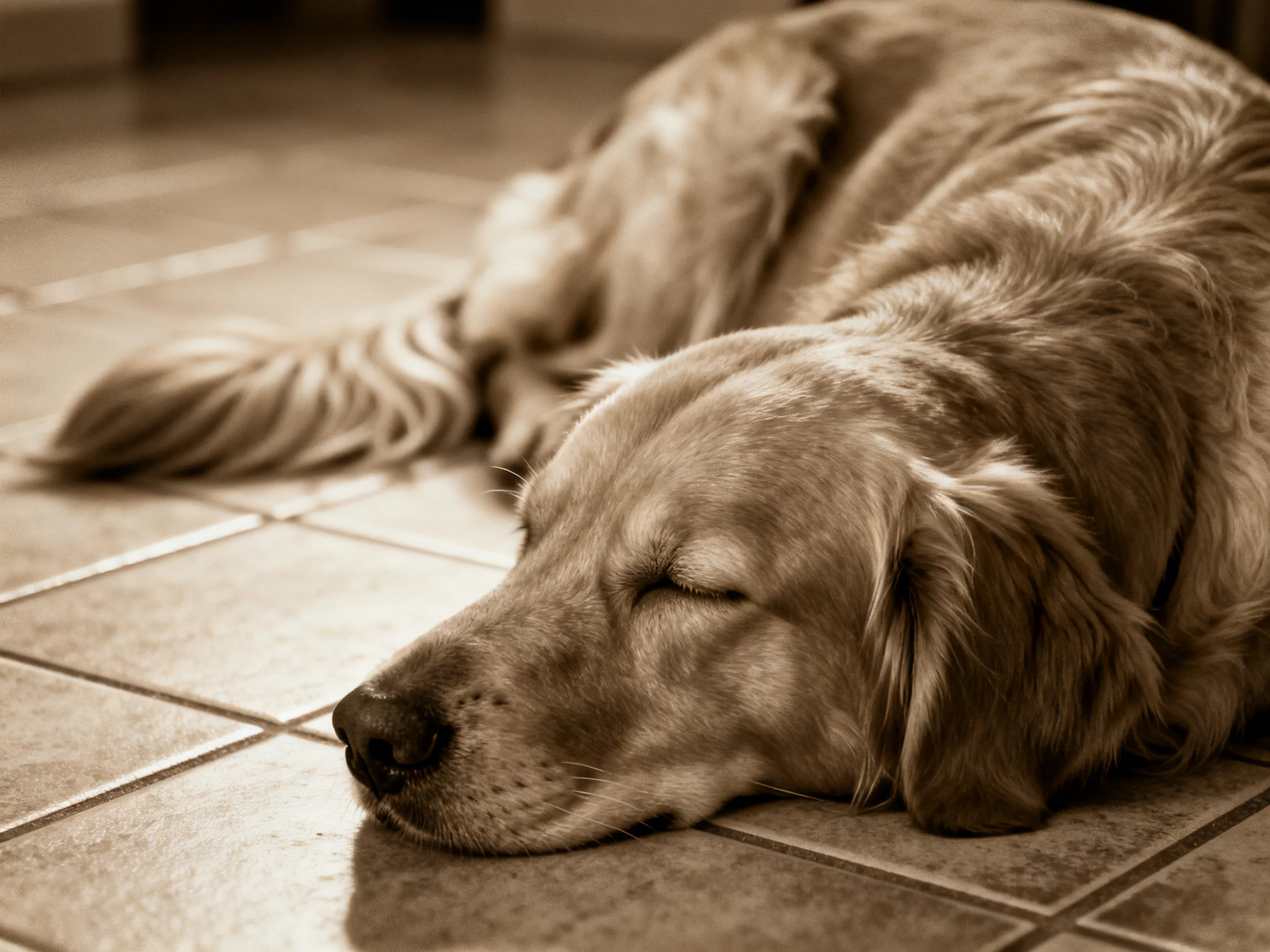 A golden retriever peacefully sleeping on tiled flooring