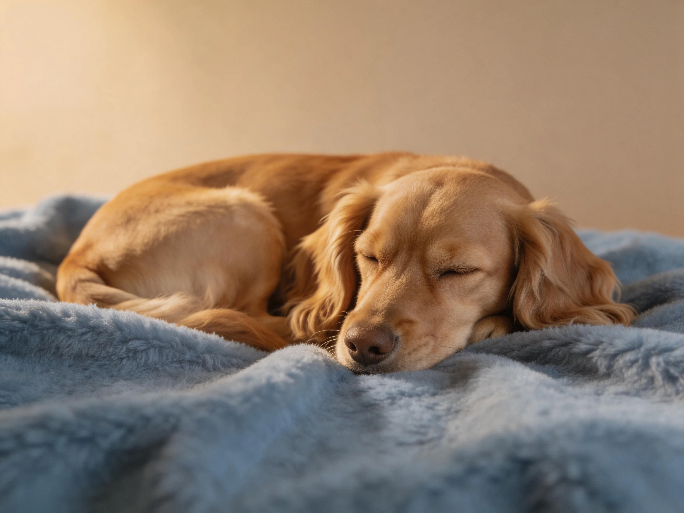 A golden retriever peacefully sleeps on a soft blue blanket