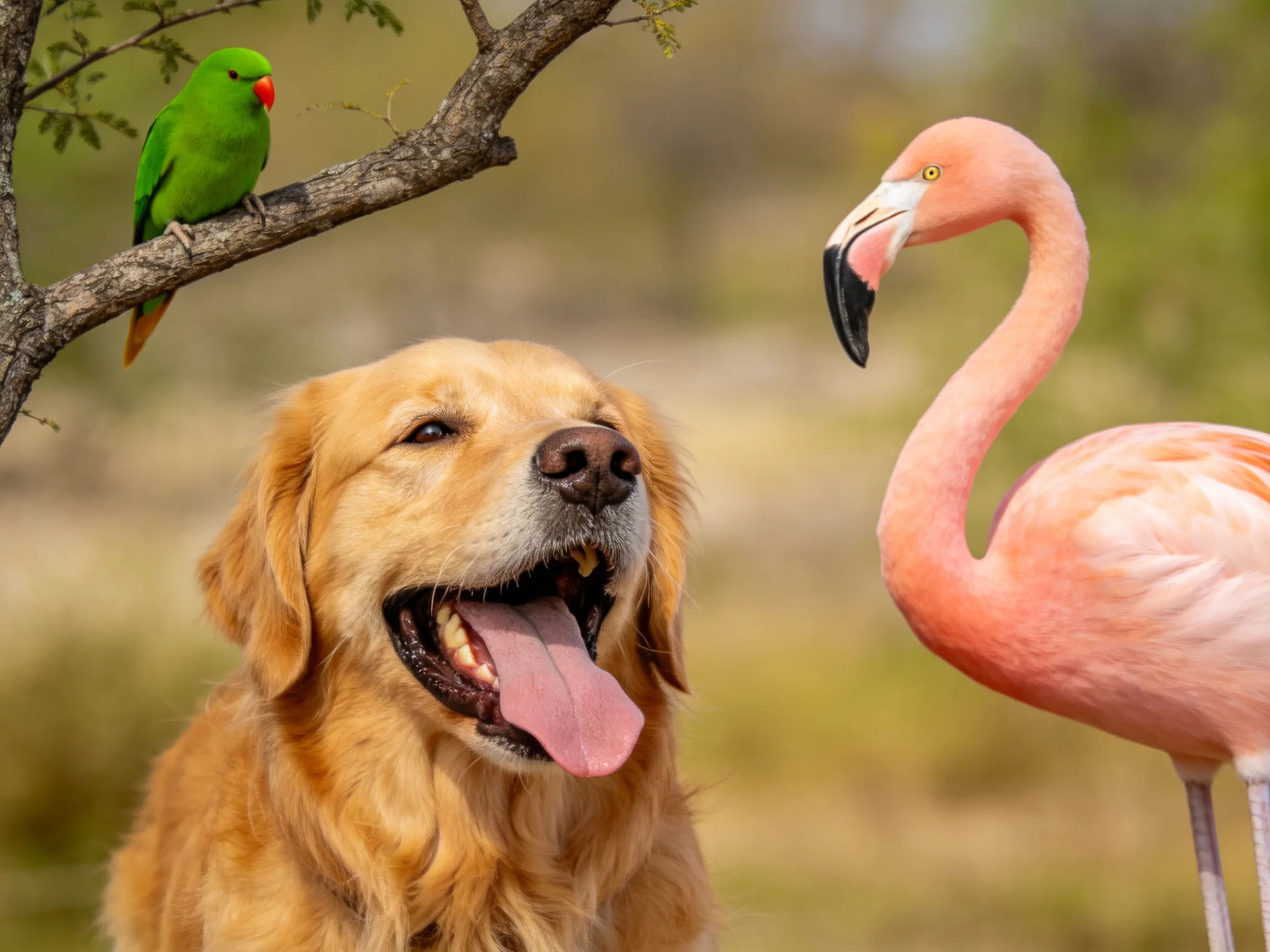 A golden retriever, pink flamingo, and green parrot in a natural setting