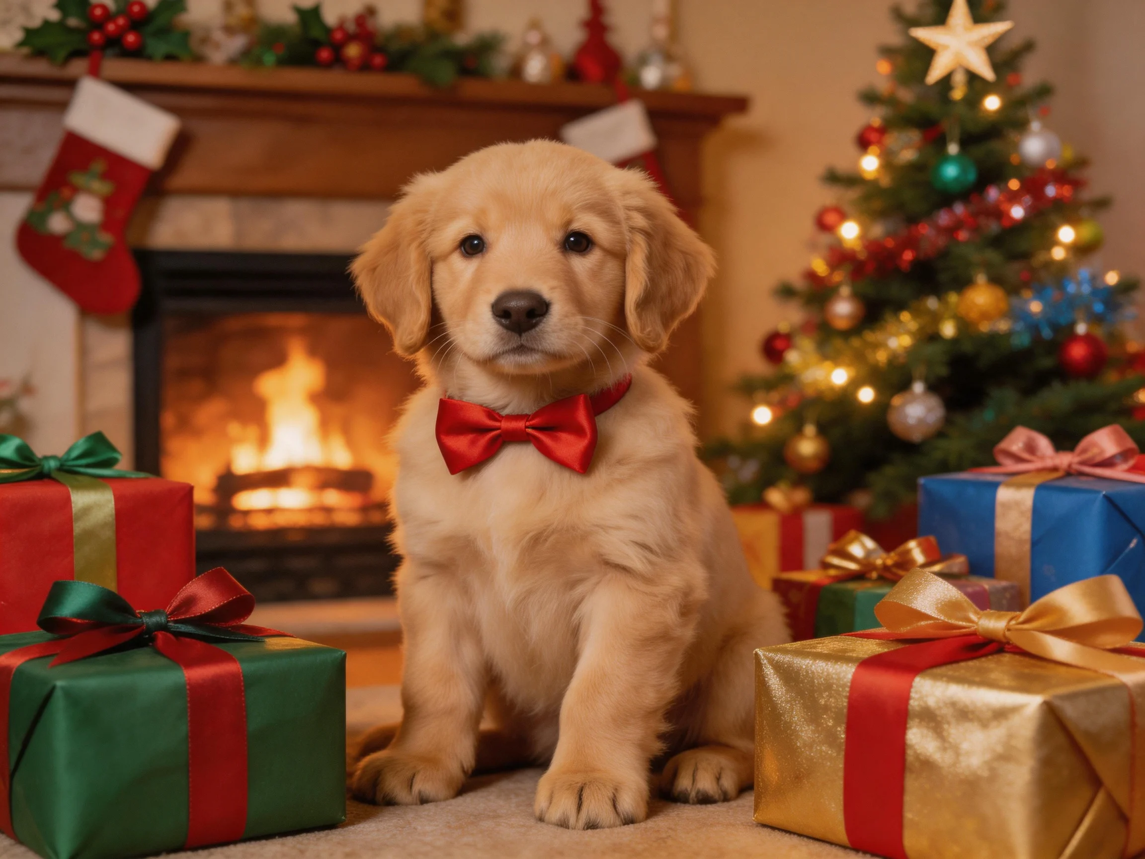 A golden retriever puppy sits among Christmas gifts near a burning fireplace.