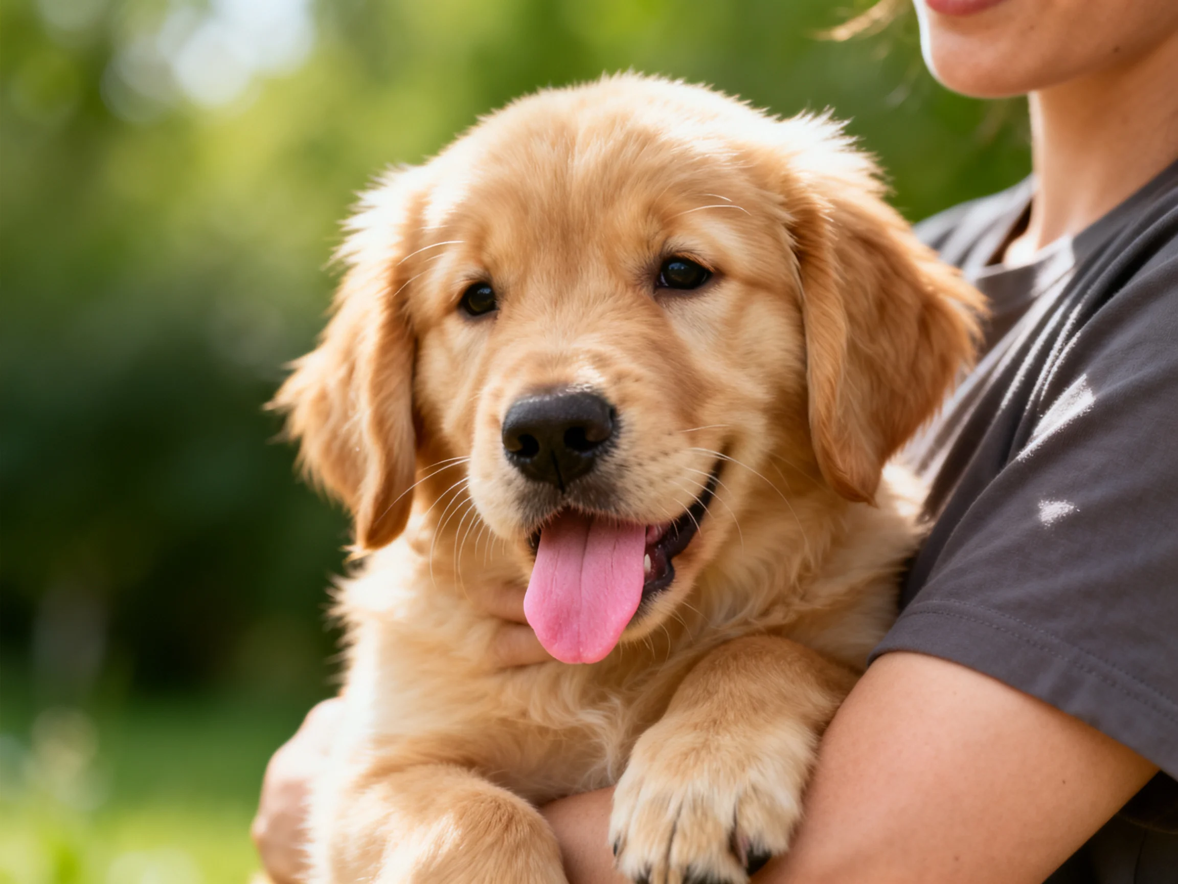A golden retriever puppy is held by someone in an outdoor area with greenery.